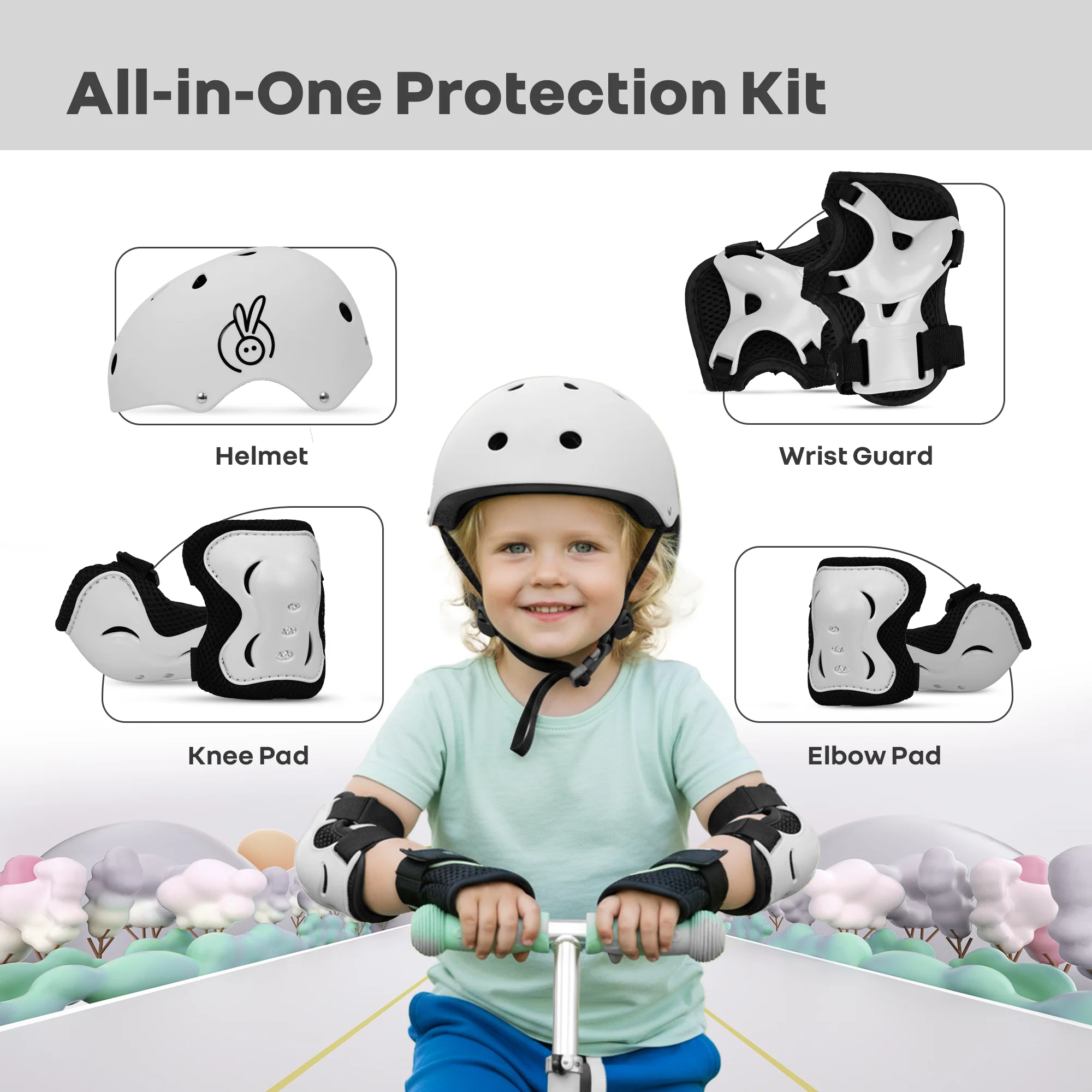 Safe Play Set Kids Helmet, Premium Kids Sports Safety Kit with Helmet & Protective Pads - White - Image 4