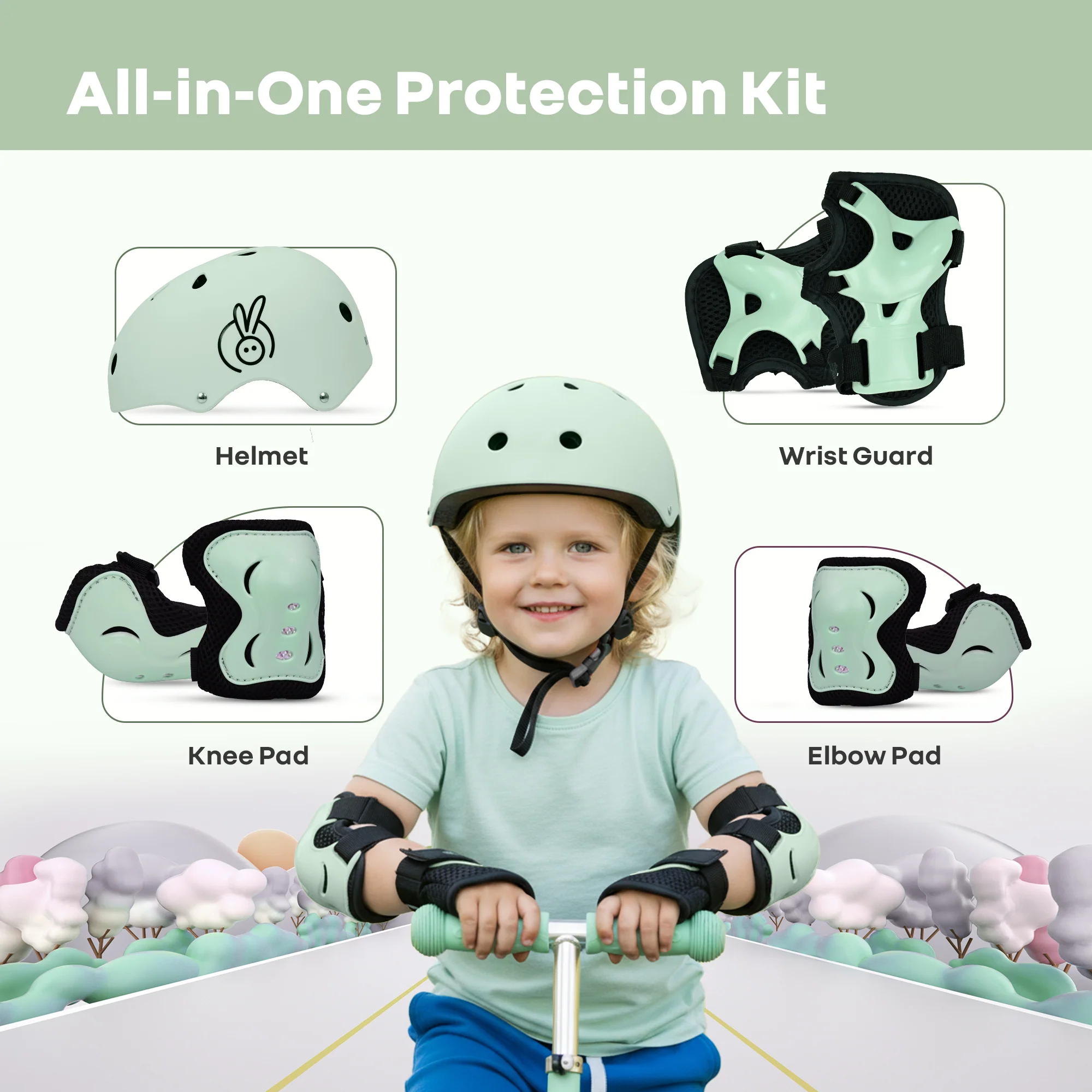 Safe Play Set Kids Helmet, Premium Kids Sports Safety Kit with Helmet & Protective Pads - Green - Image 4