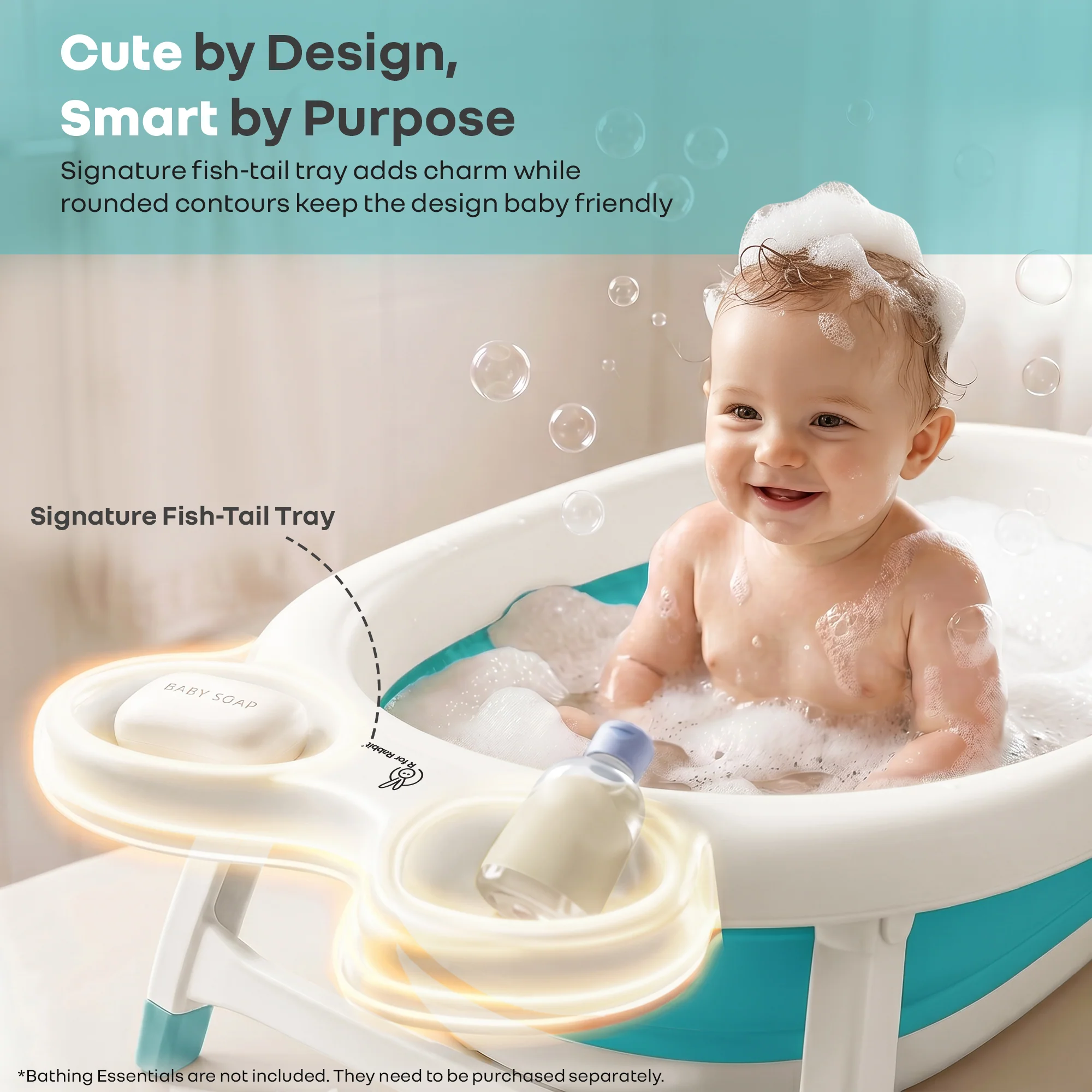 Bubble Double Finzy Baby Bathtub 9-36 Months, Foldable Cocoon Design, Anti-Skid Base & Drain Plug - White Blue - Image 4