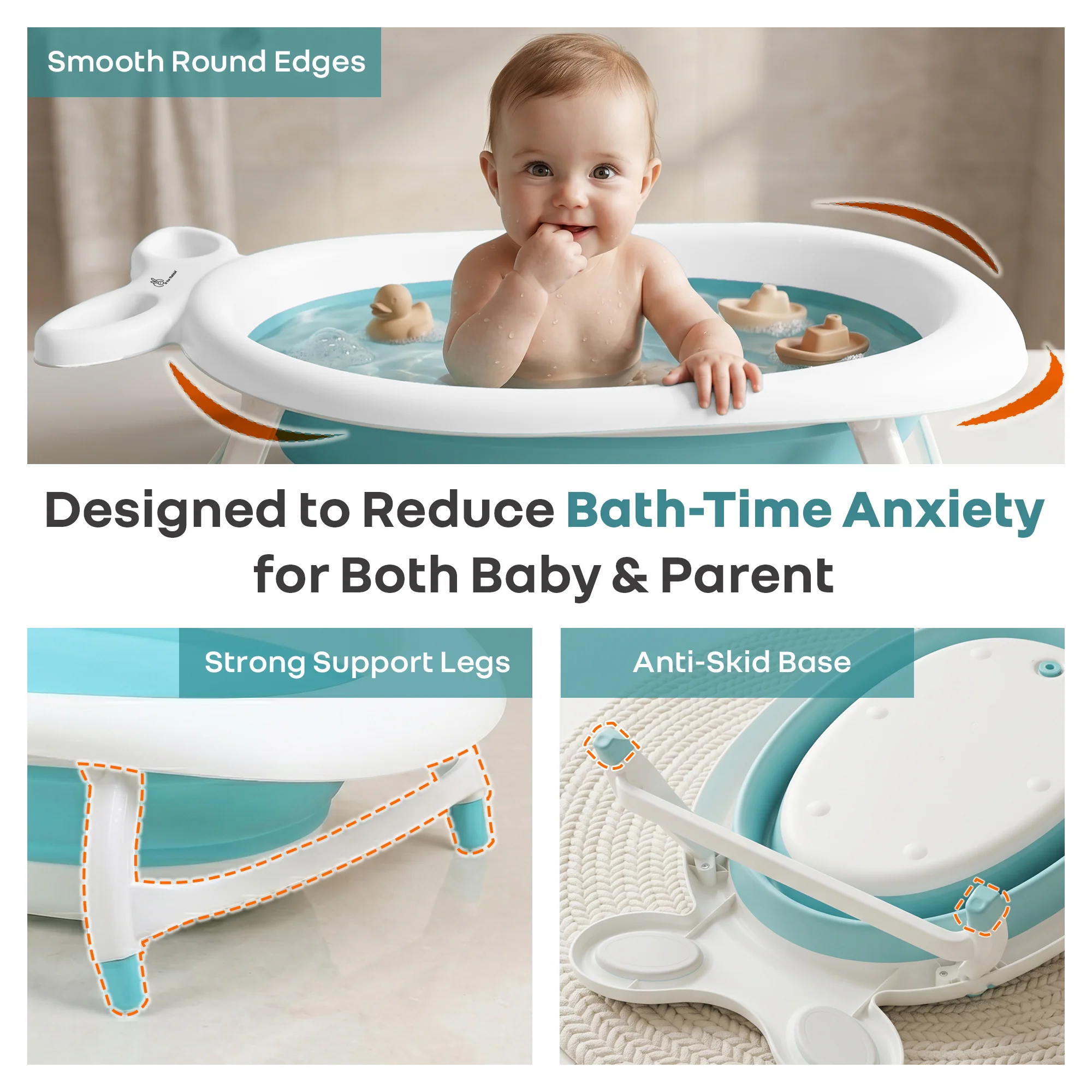 Bubble Double Finzy Baby Bathtub 9-36 Months, Foldable Cocoon Design, Anti-Skid Base & Drain Plug - White Blue - Image 5
