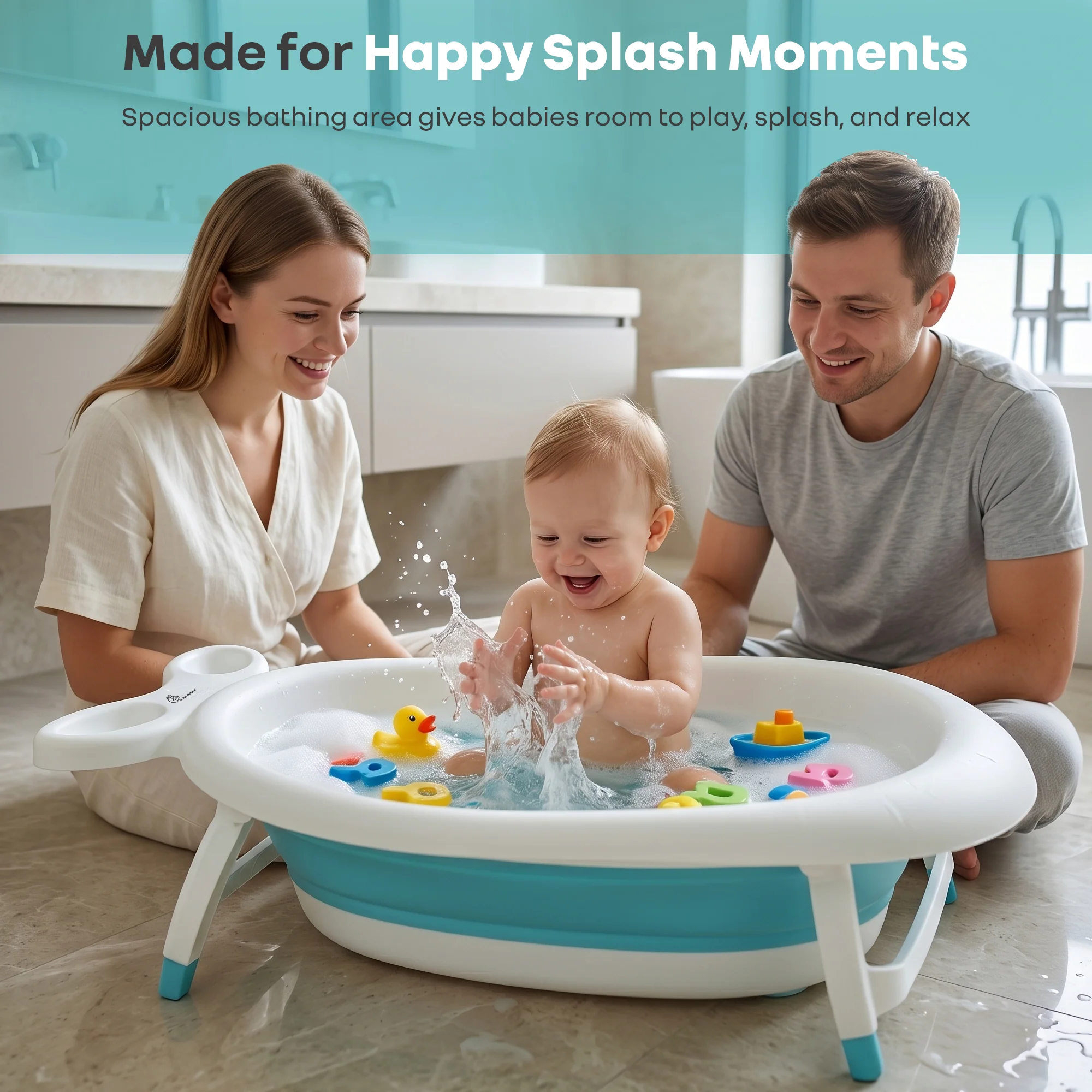 Bubble Double Finzy Baby Bathtub 9-36 Months, Foldable Cocoon Design, Anti-Skid Base & Drain Plug - White Blue - Image 6