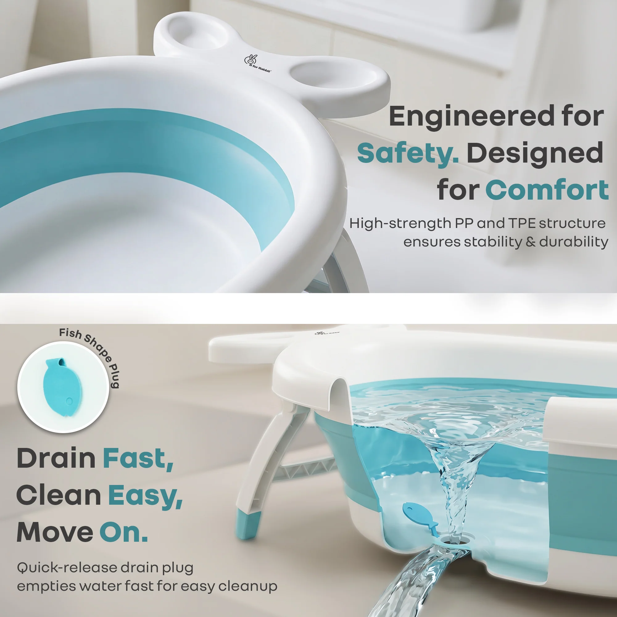 Bubble Double Finzy Baby Bathtub 9-36 Months, Foldable Cocoon Design, Anti-Skid Base & Drain Plug - White Blue - Image 7