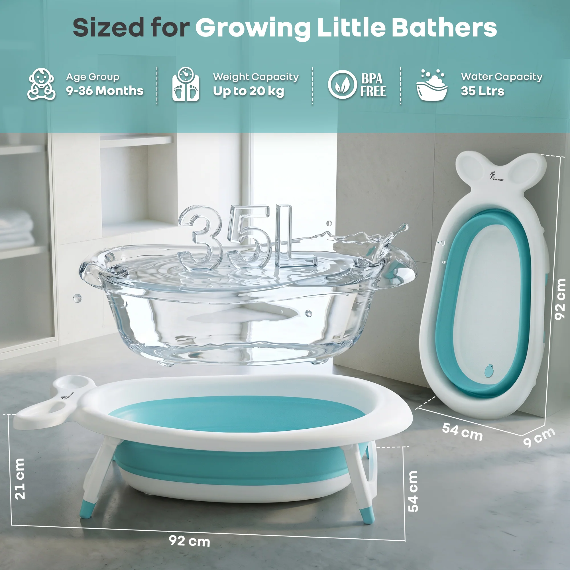 Bubble Double Finzy Baby Bathtub 9-36 Months, Foldable Cocoon Design, Anti-Skid Base & Drain Plug - White Blue - Image 8