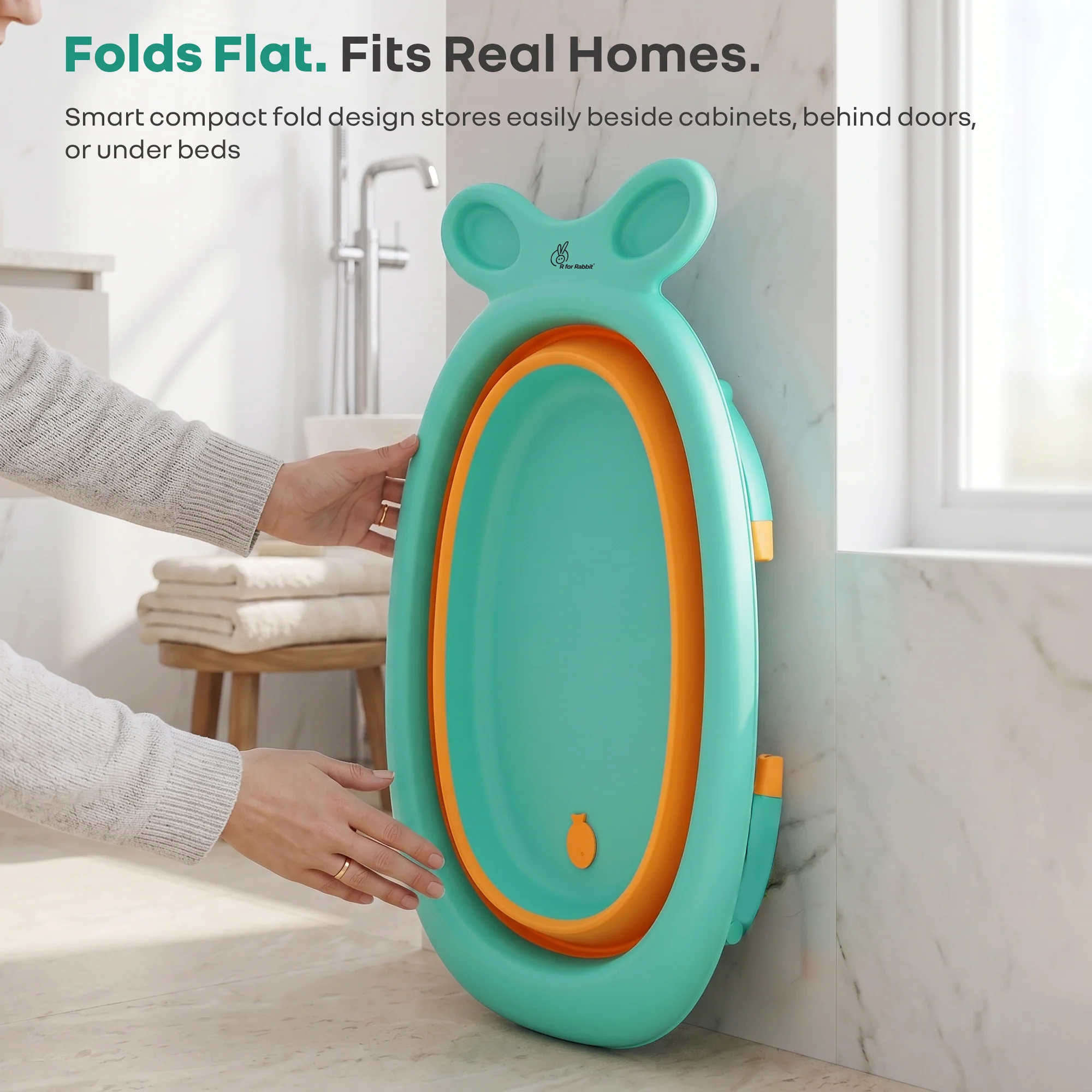 Bubble Double Finzy Baby Bathtub 9-36 Months, Foldable Cocoon Design, Anti-Skid Base & Drain Plug - Green Orange - Image 3