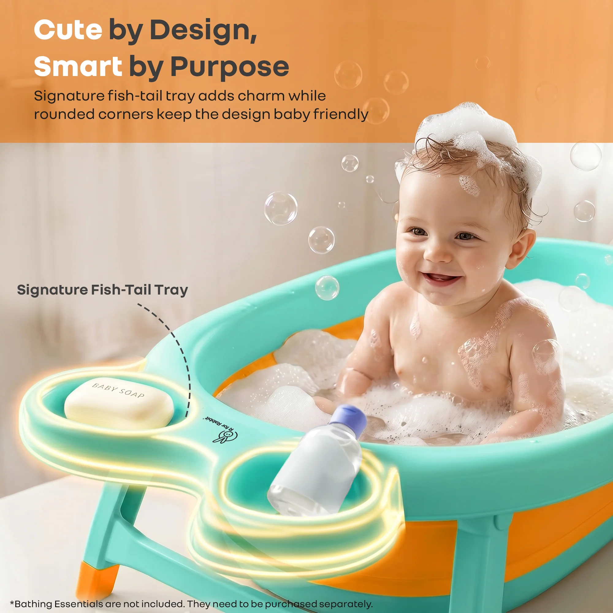 Bubble Double Finzy Baby Bathtub 9-36 Months, Foldable Cocoon Design, Anti-Skid Base & Drain Plug - Green Orange - Image 4