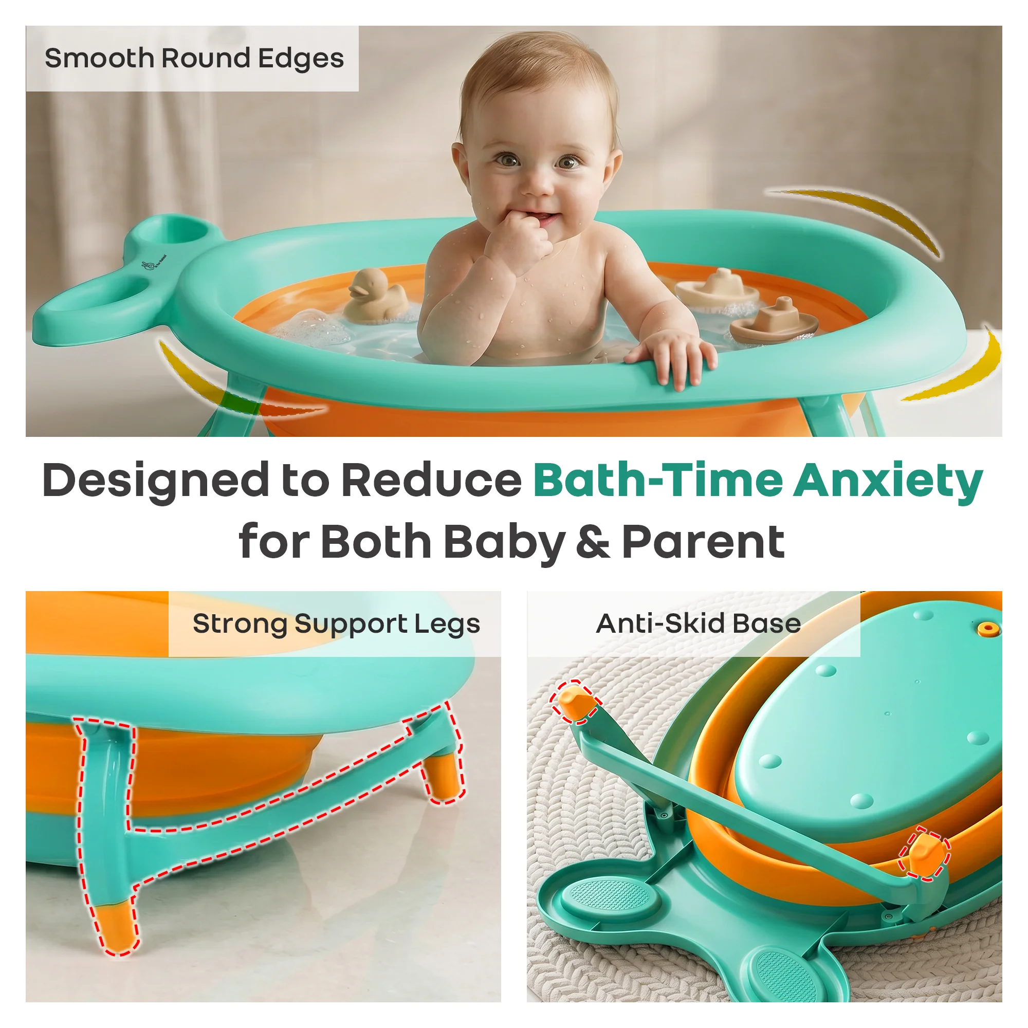 Bubble Double Finzy Baby Bathtub 9-36 Months, Foldable Cocoon Design, Anti-Skid Base & Drain Plug - Green Orange - Image 5