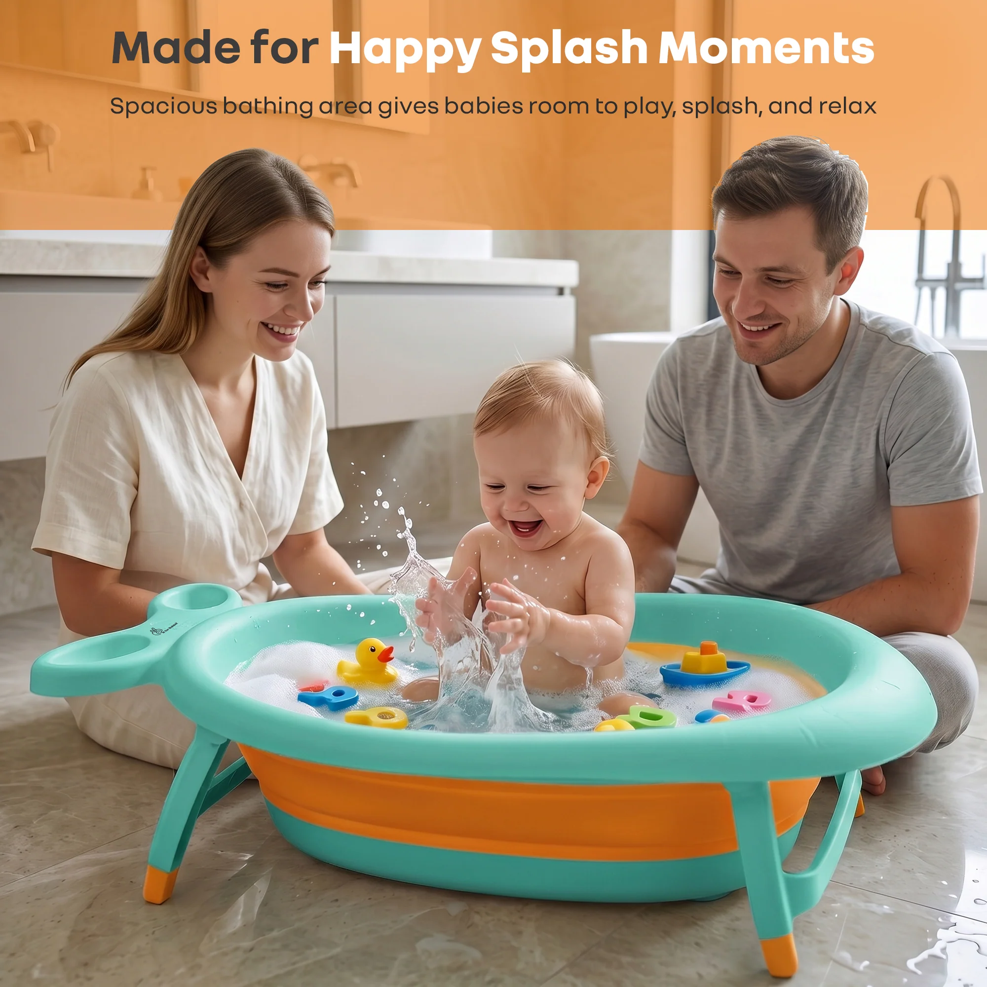Bubble Double Finzy Baby Bathtub 9-36 Months, Foldable Cocoon Design, Anti-Skid Base & Drain Plug - Green Orange - Image 6