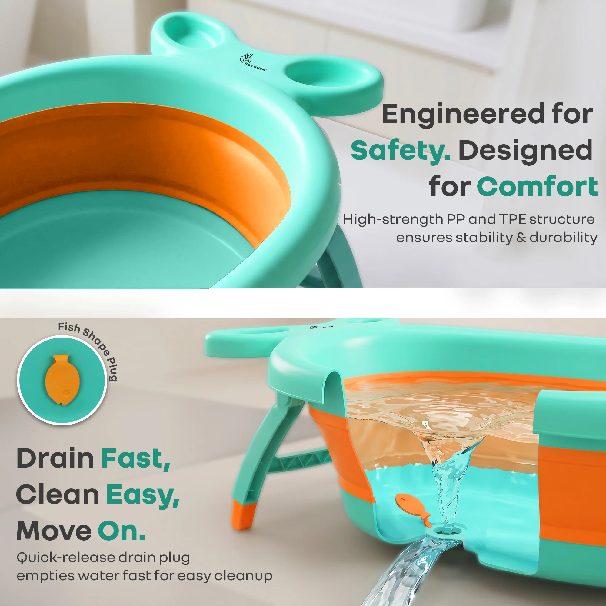 Bubble Double Finzy Baby Bathtub 9-36 Months, Foldable Cocoon Design, Anti-Skid Base & Drain Plug - Green Orange - Image 7