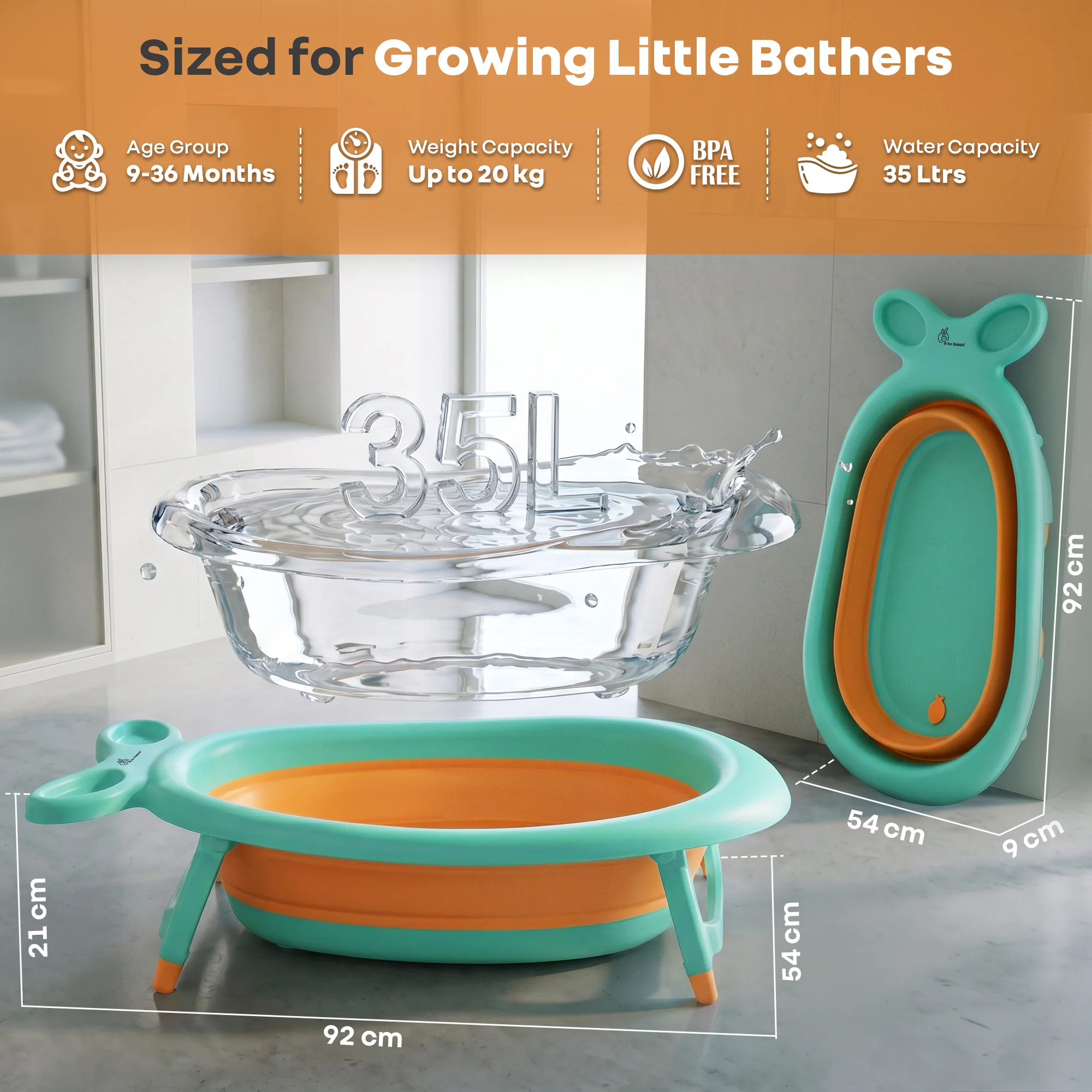 Bubble Double Finzy Baby Bathtub 9-36 Months, Foldable Cocoon Design, Anti-Skid Base & Drain Plug - Green Orange - Image 8