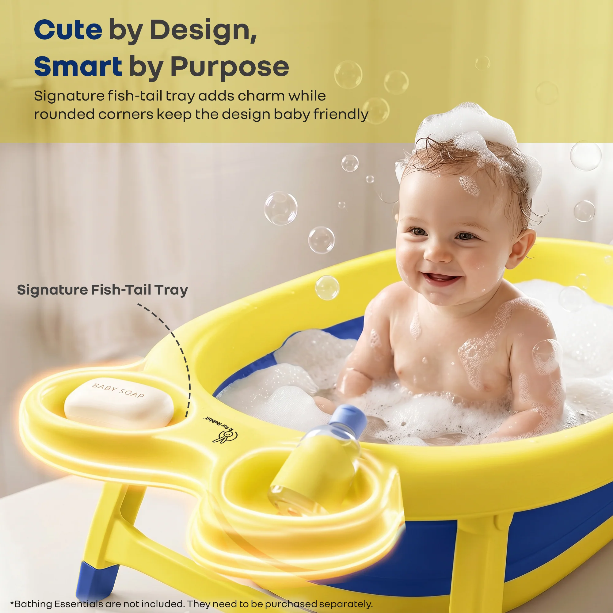 Bubble Double Finzy Baby Bathtub 9-36 Months, Foldable Cocoon Design, Anti-Skid Base & Drain Plug - Yellow Blue - Image 4