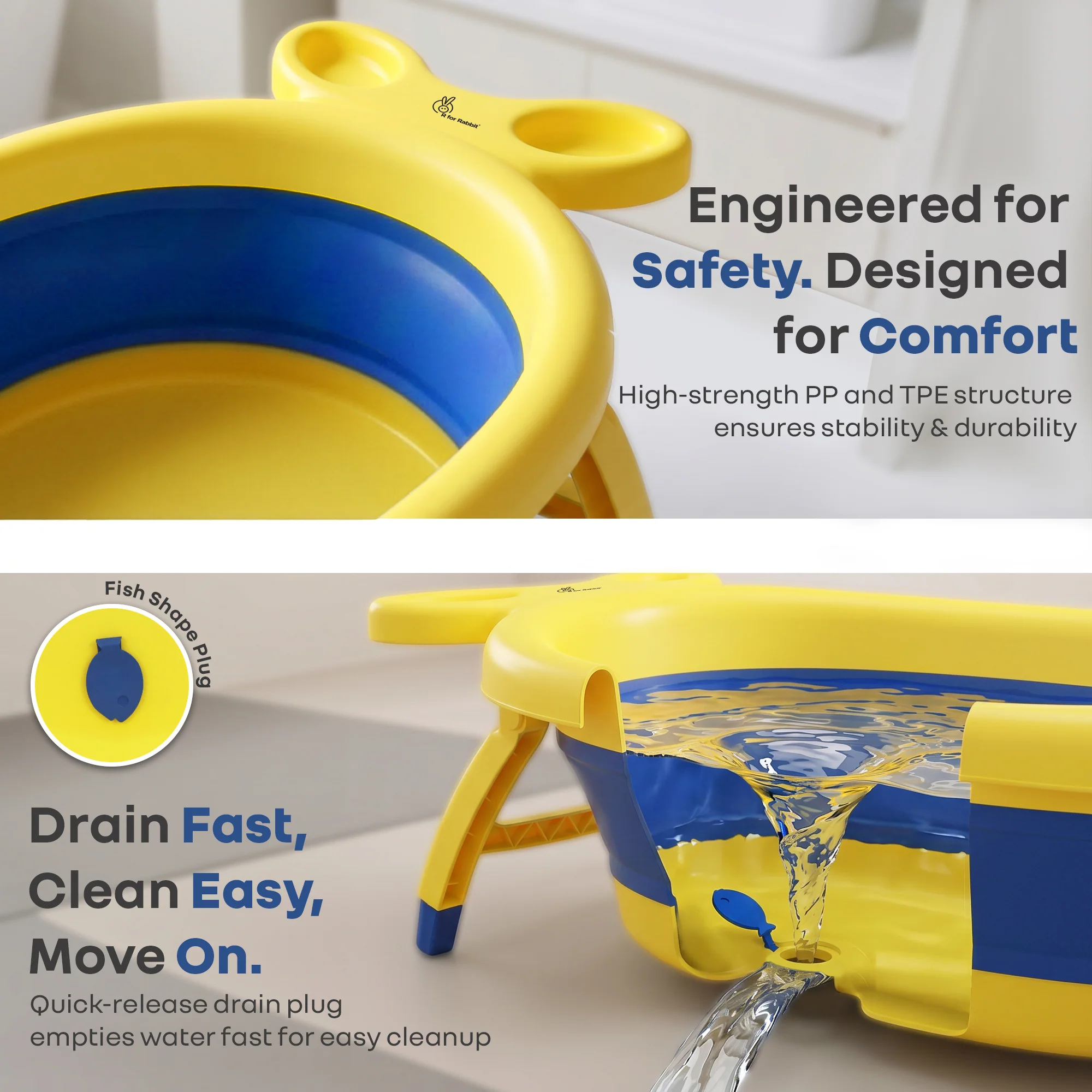 Bubble Double Finzy Baby Bathtub 9-36 Months, Foldable Cocoon Design, Anti-Skid Base & Drain Plug - Yellow Blue - Image 7
