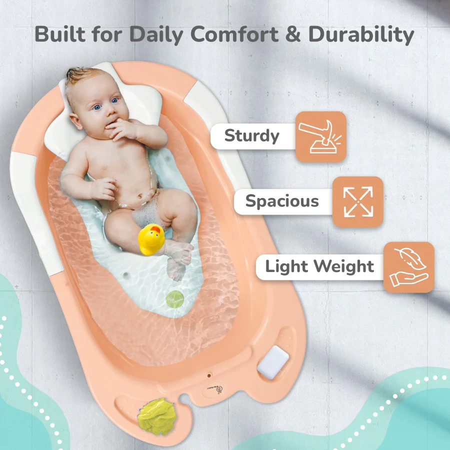 Bubble Double Snowy: 2-in-1 Baby Bath Tub with Ergonomic Sling - Peach White - Image 7