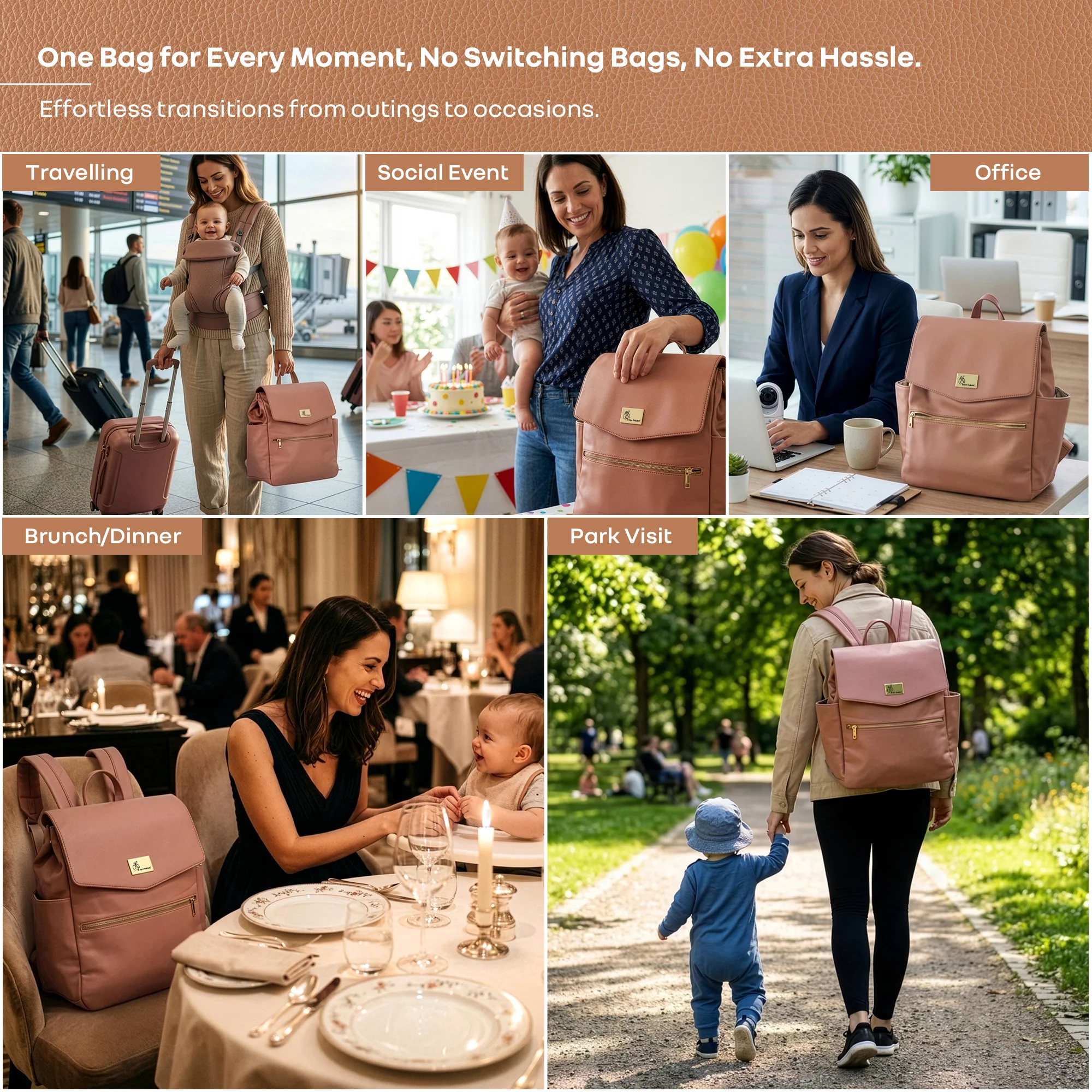 Caramello Bold Arise Diaper Bag, Premium Vegan Leather, 22L Multi-Compartment Laptop Friendly Bag - Sand Brown - Image 3