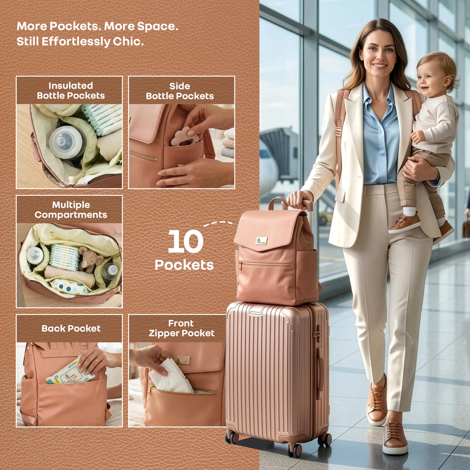 Caramello Bold Arise Diaper Bag, Premium Vegan Leather, 22L Multi-Compartment Laptop Friendly Bag - Sand Brown - Image 6