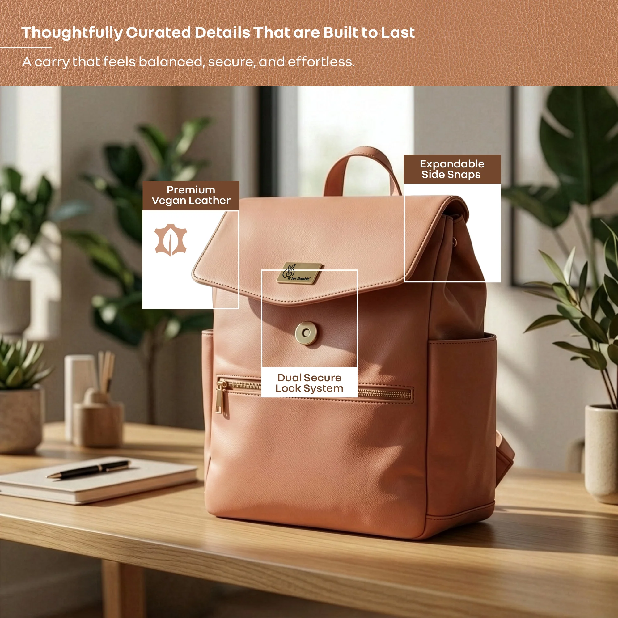 Caramello Bold Arise Diaper Bag, Premium Vegan Leather, 22L Multi-Compartment Laptop Friendly Bag - Sand Brown - Image 7