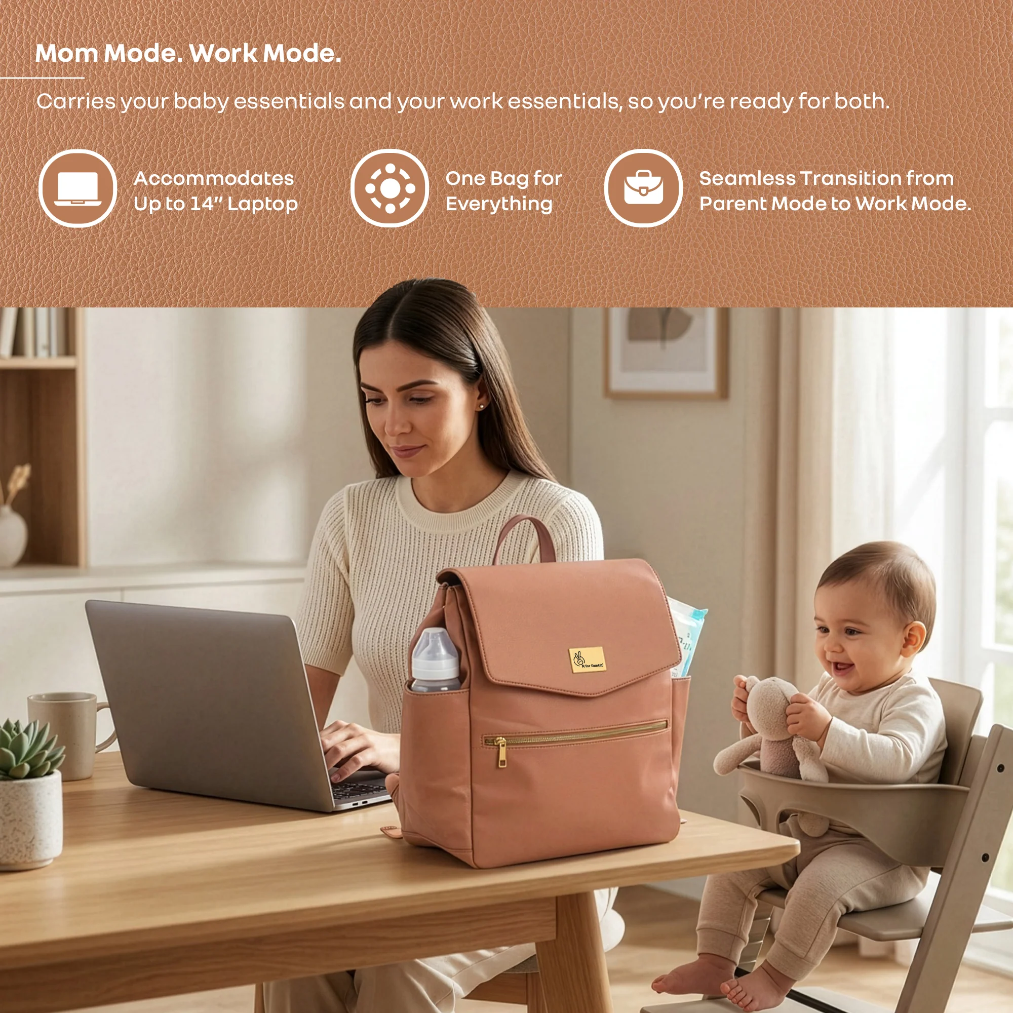 Caramello Bold Arise Diaper Bag, Premium Vegan Leather, 22L Multi-Compartment Laptop Friendly Bag - Sand Brown - Image 8