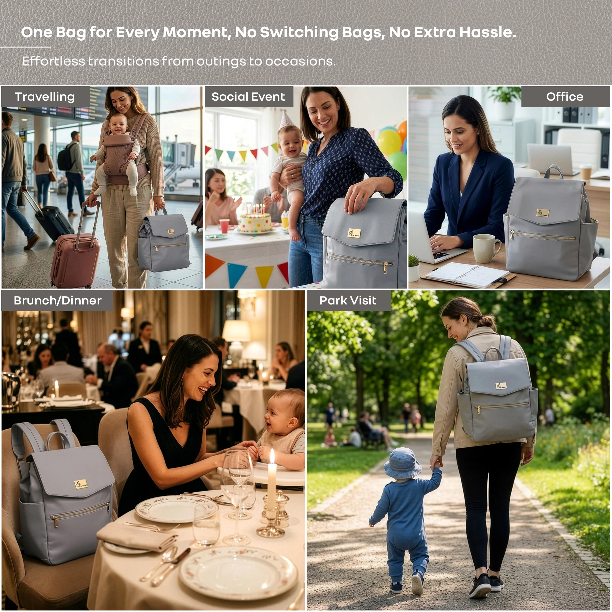 Caramello Bold Arise Diaper Bag, Premium Vegan Leather, 22L Multi-Compartment Laptop Friendly Bag - Graphite Grey - Image 3