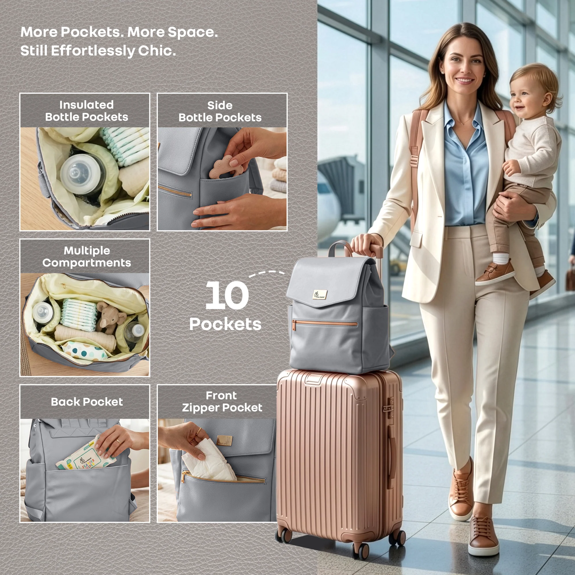 Caramello Bold Arise Diaper Bag, Premium Vegan Leather, 22L Multi-Compartment Laptop Friendly Bag - Graphite Grey - Image 6