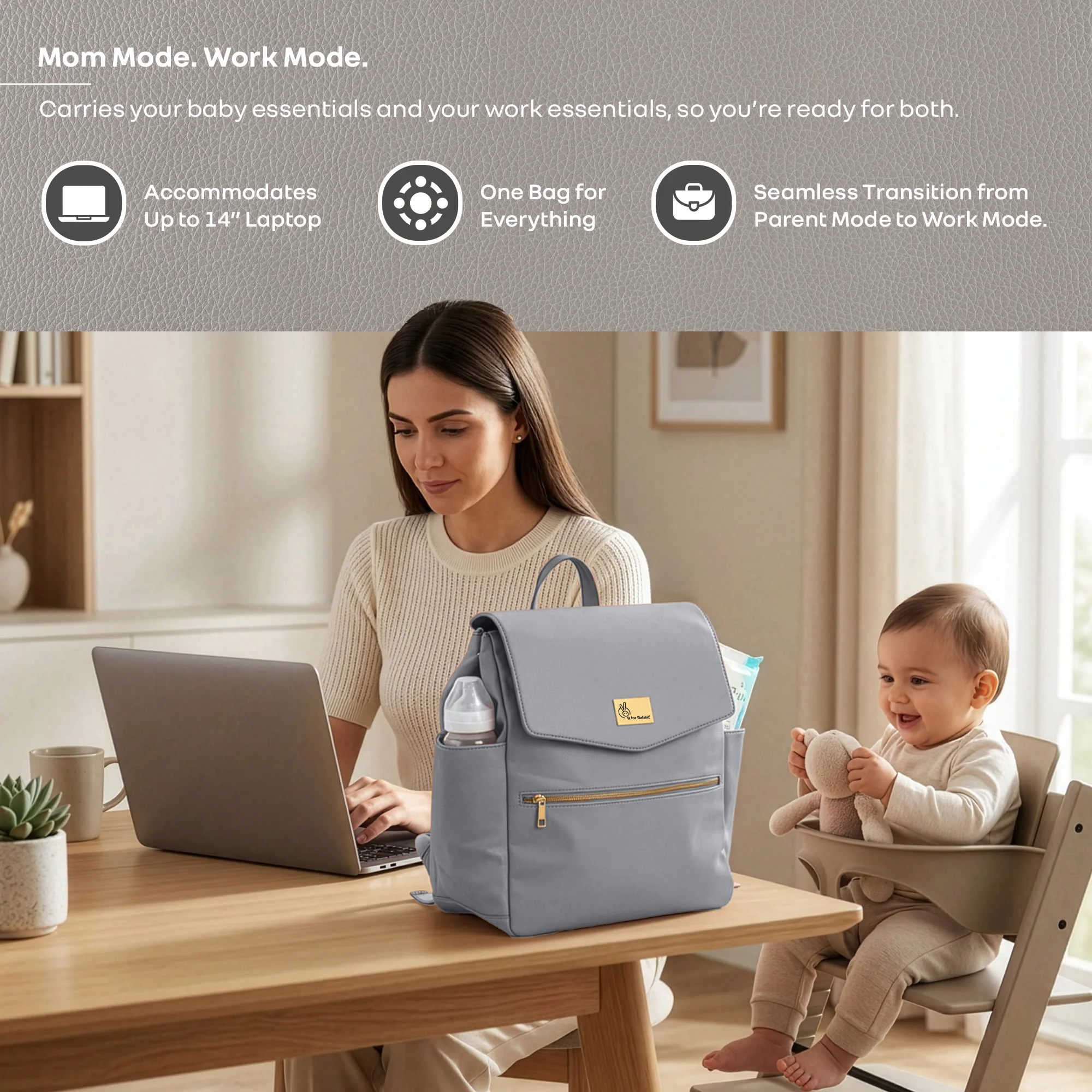 Caramello Bold Arise Diaper Bag, Premium Vegan Leather, 22L Multi-Compartment Laptop Friendly Bag - Graphite Grey - Image 8