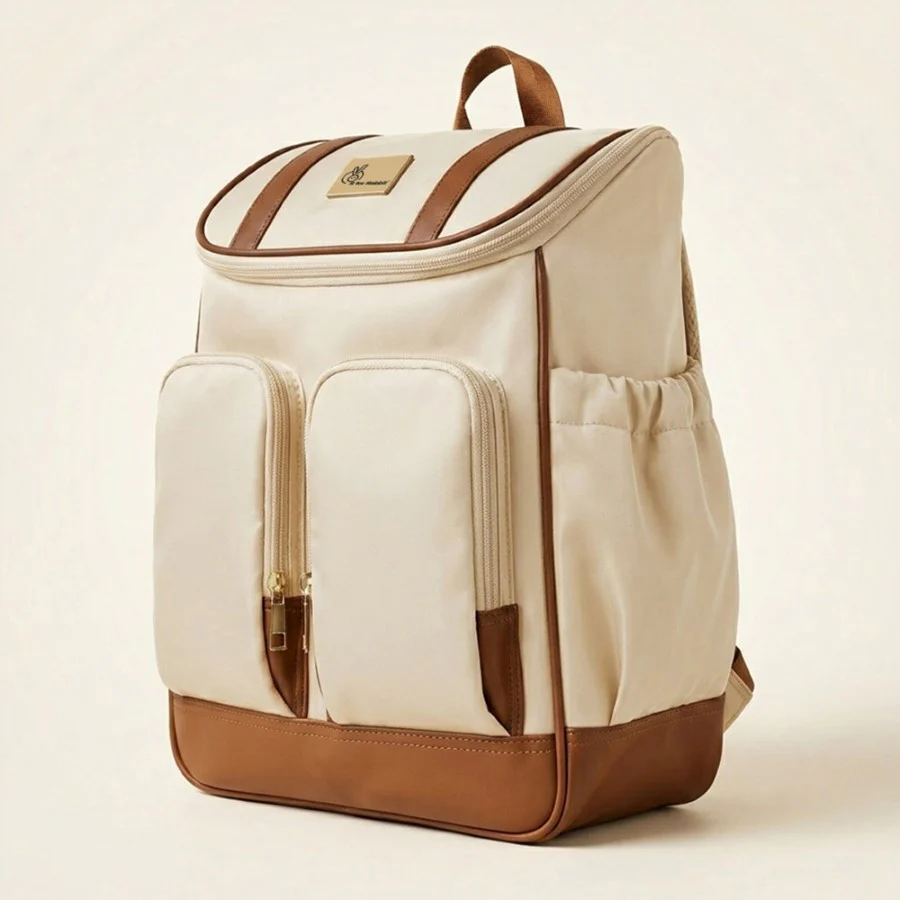 Caramello Bold Hazel Stylish Mom Bag, Vegan Leather, Stroller Hanging Rings - Cream Brown - Image 2