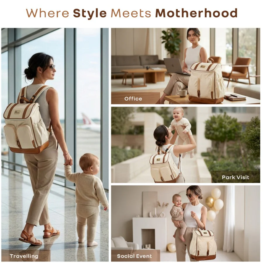 Caramello Bold Hazel Stylish Mom Bag, Vegan Leather, Stroller Hanging Rings - Cream Brown - Image 3