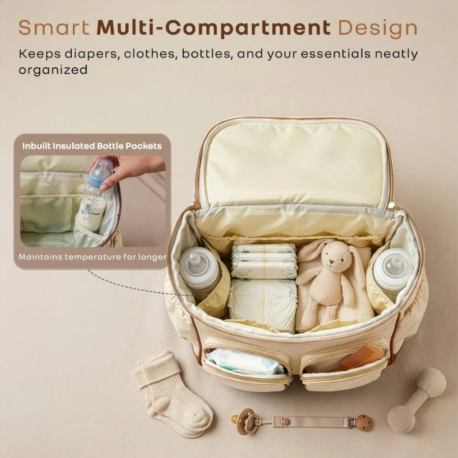 Caramello Bold Hazel Stylish Mom Bag, Vegan Leather, Stroller Hanging Rings - Cream Brown - Image 4