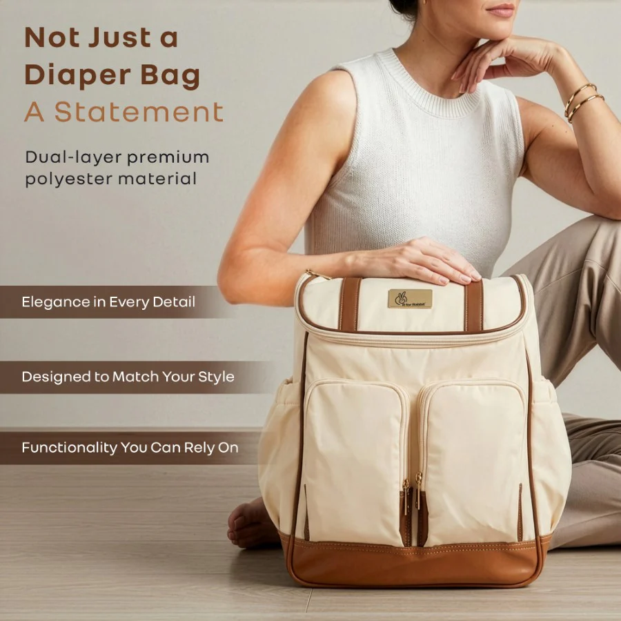 Caramello Bold Hazel Stylish Mom Bag, Vegan Leather, Stroller Hanging Rings - Cream Brown - Image 5