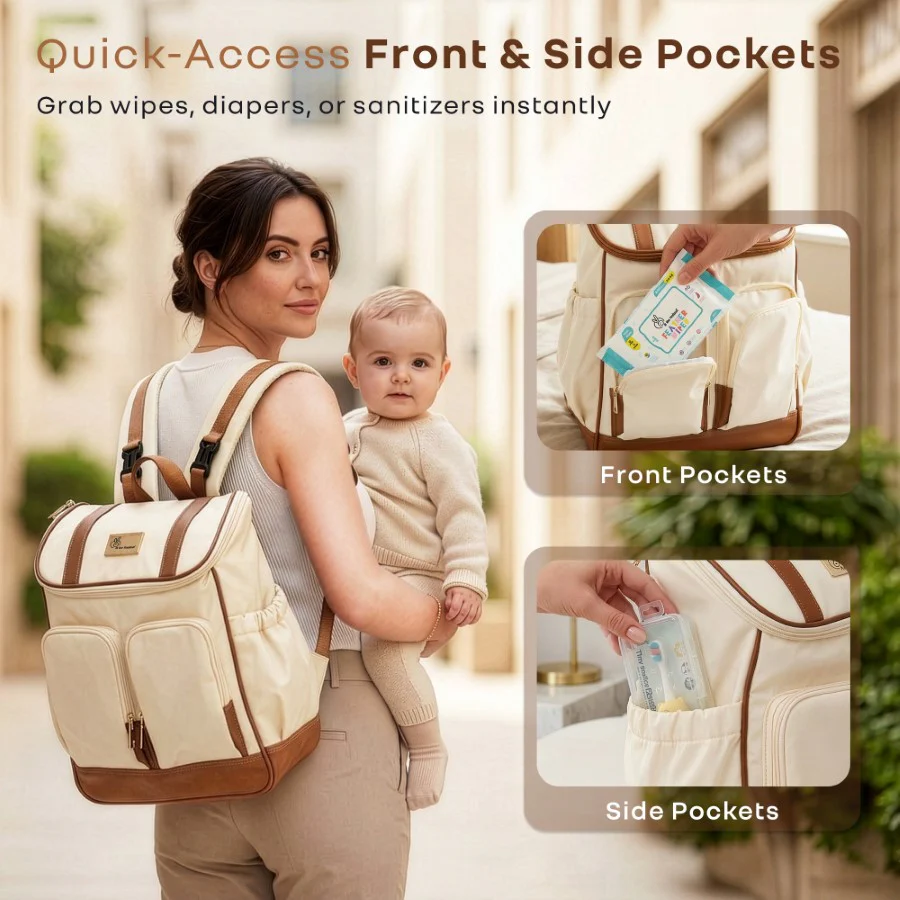 Caramello Bold Hazel Stylish Mom Bag, Vegan Leather, Stroller Hanging Rings - Cream Brown - Image 6