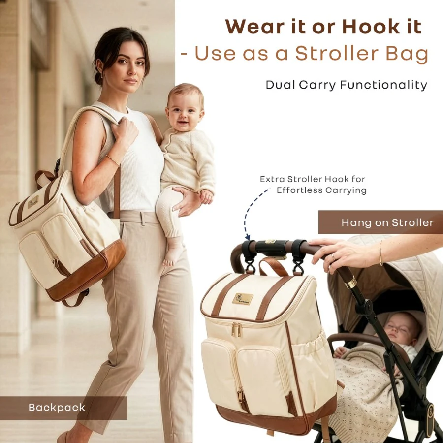 Caramello Bold Hazel Stylish Mom Bag, Vegan Leather, Stroller Hanging Rings - Cream Brown - Image 7