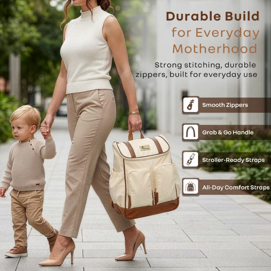Caramello Bold Hazel Stylish Mom Bag, Vegan Leather, Stroller Hanging Rings - Cream Brown - Image 8