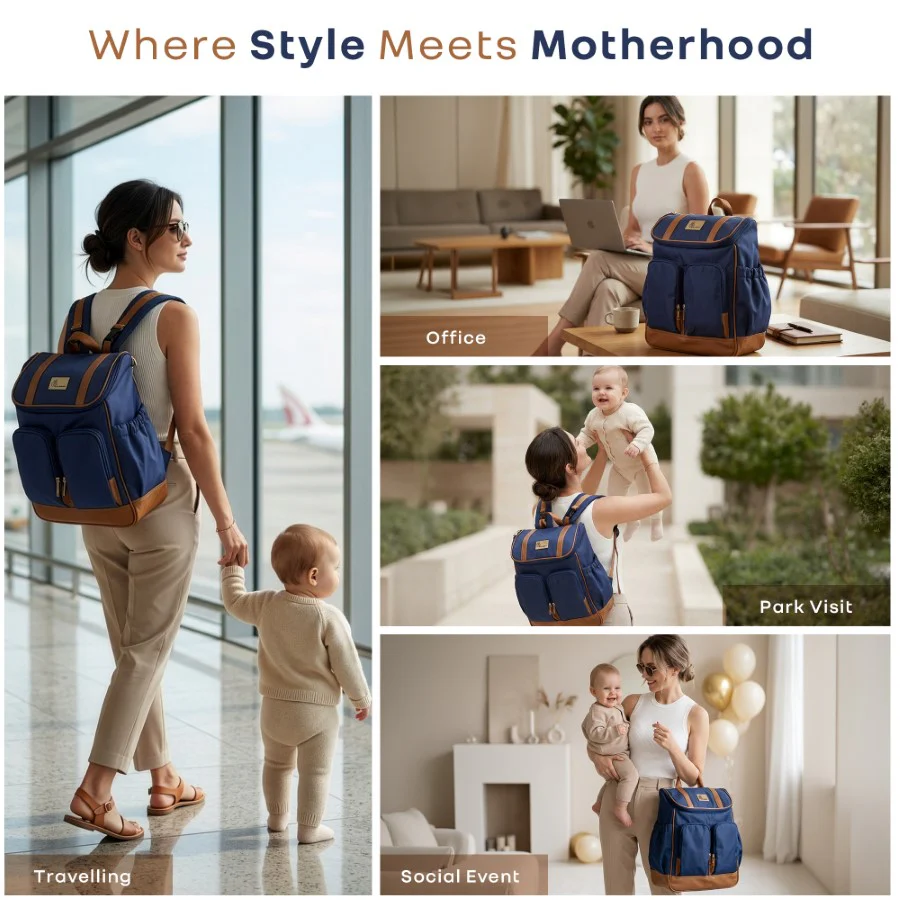 Caramello Bold Hazel Stylish Mom Bag, Vegan Leather, Stroller Hanging Rings - Blue Brown - Image 3