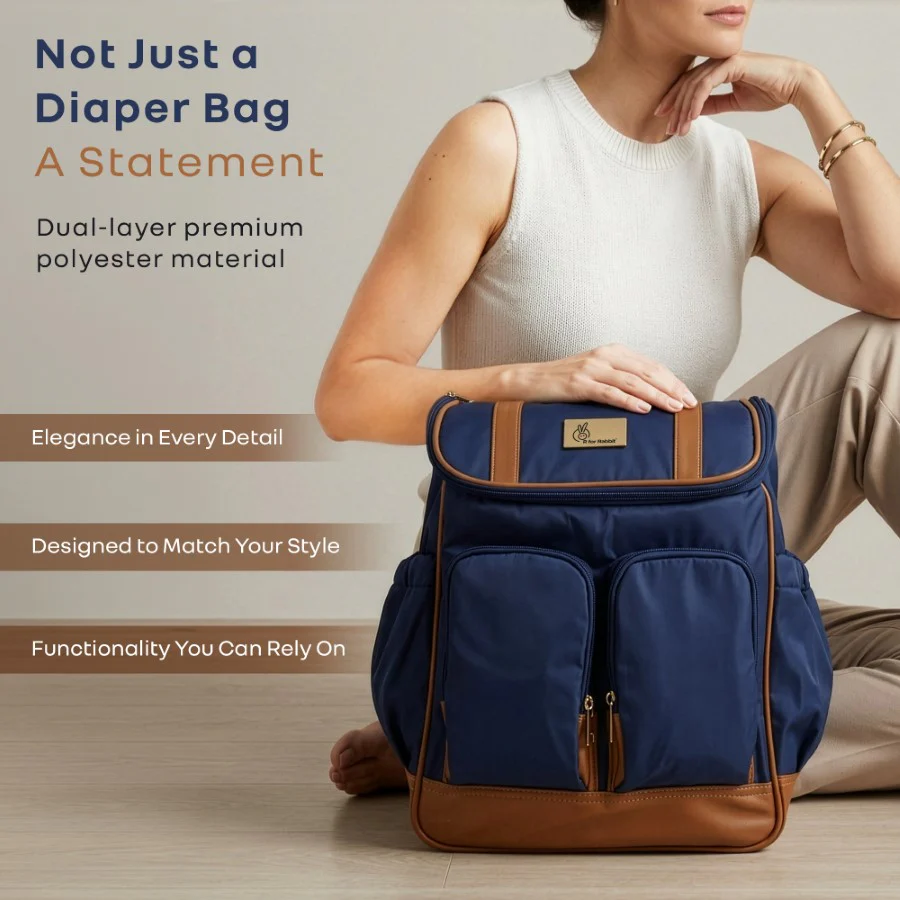 Caramello Bold Hazel Stylish Mom Bag, Vegan Leather, Stroller Hanging Rings - Blue Brown - Image 5