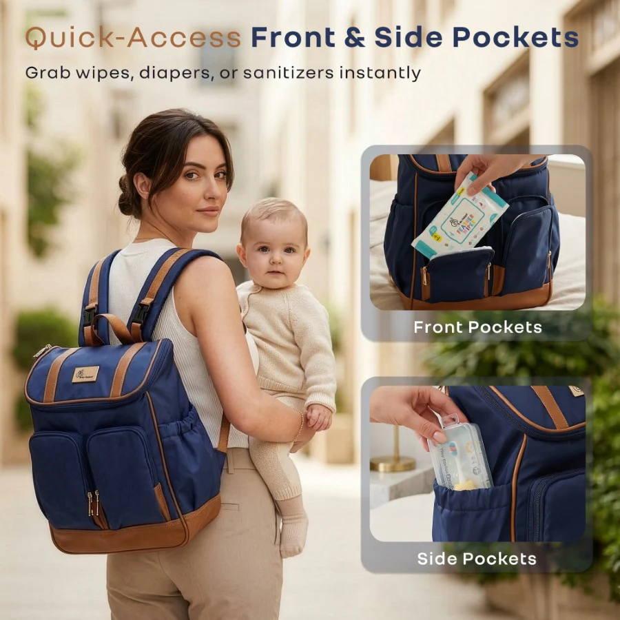 Caramello Bold Hazel Stylish Mom Bag, Vegan Leather, Stroller Hanging Rings - Blue Brown - Image 6