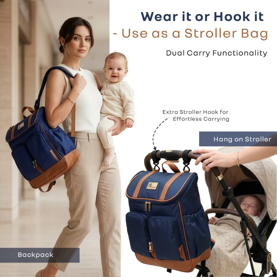 Caramello Bold Hazel Stylish Mom Bag, Vegan Leather, Stroller Hanging Rings - Blue Brown - Image 7