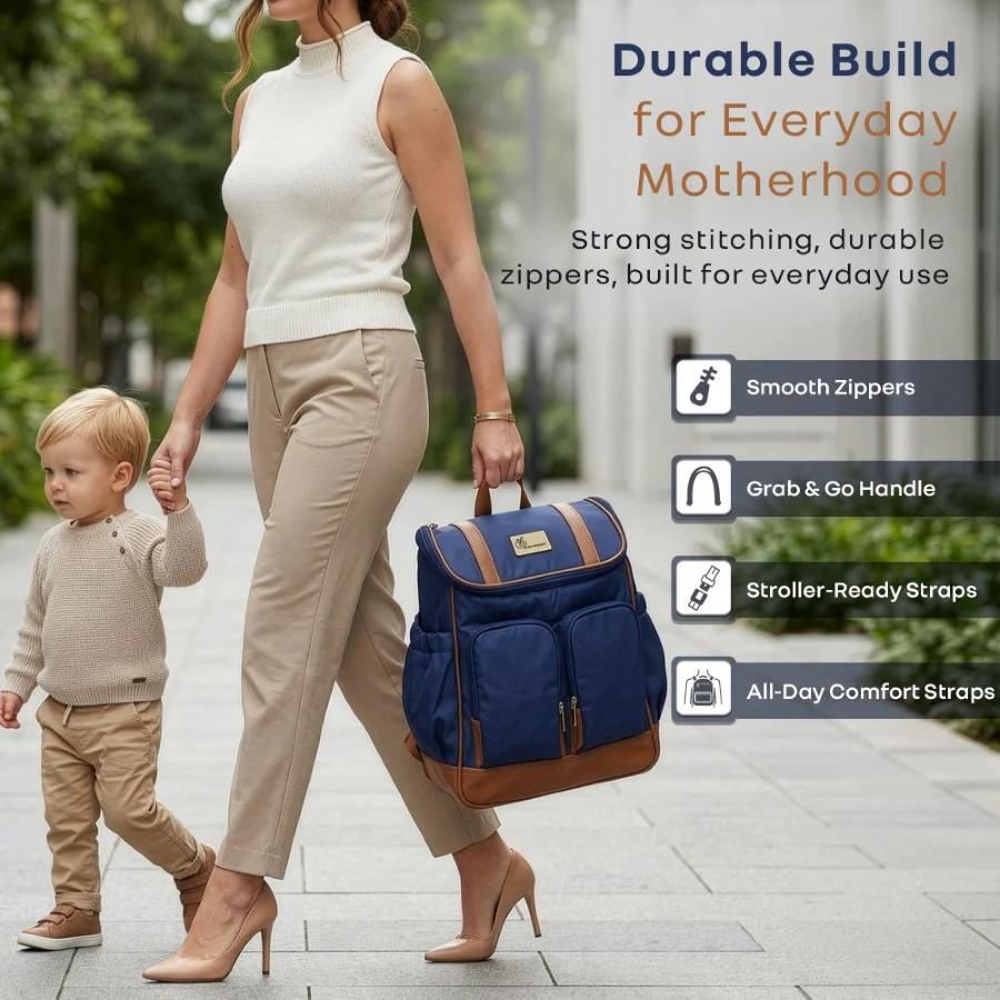 Caramello Bold Hazel Stylish Mom Bag, Vegan Leather, Stroller Hanging Rings - Blue Brown - Image 8