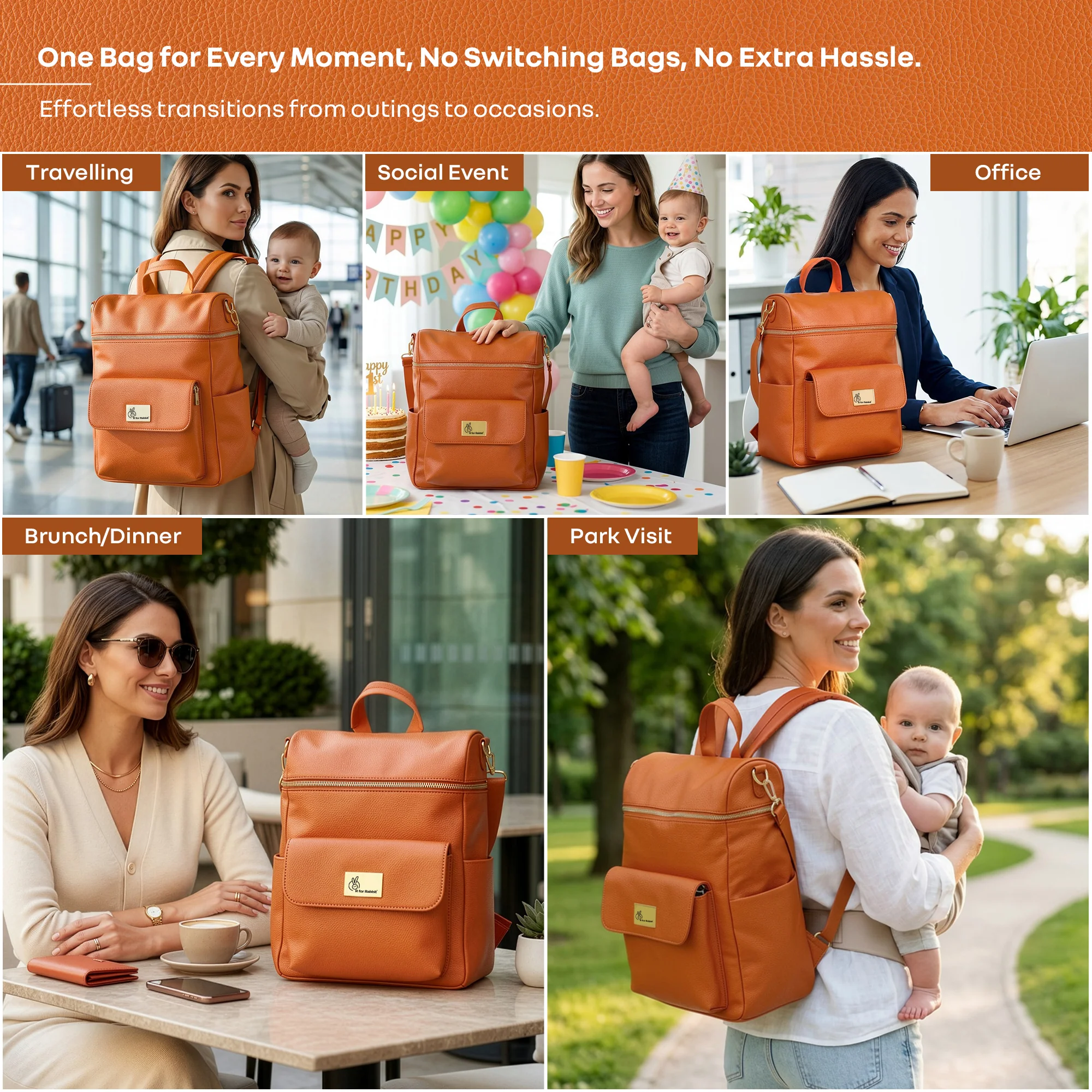 Caramello Bold Ivy Diaper Bag for Moms, Dual Carry Sling, Insulated Bottle Pockets With Premium Vegan Leather - Rust Orange - Image 3