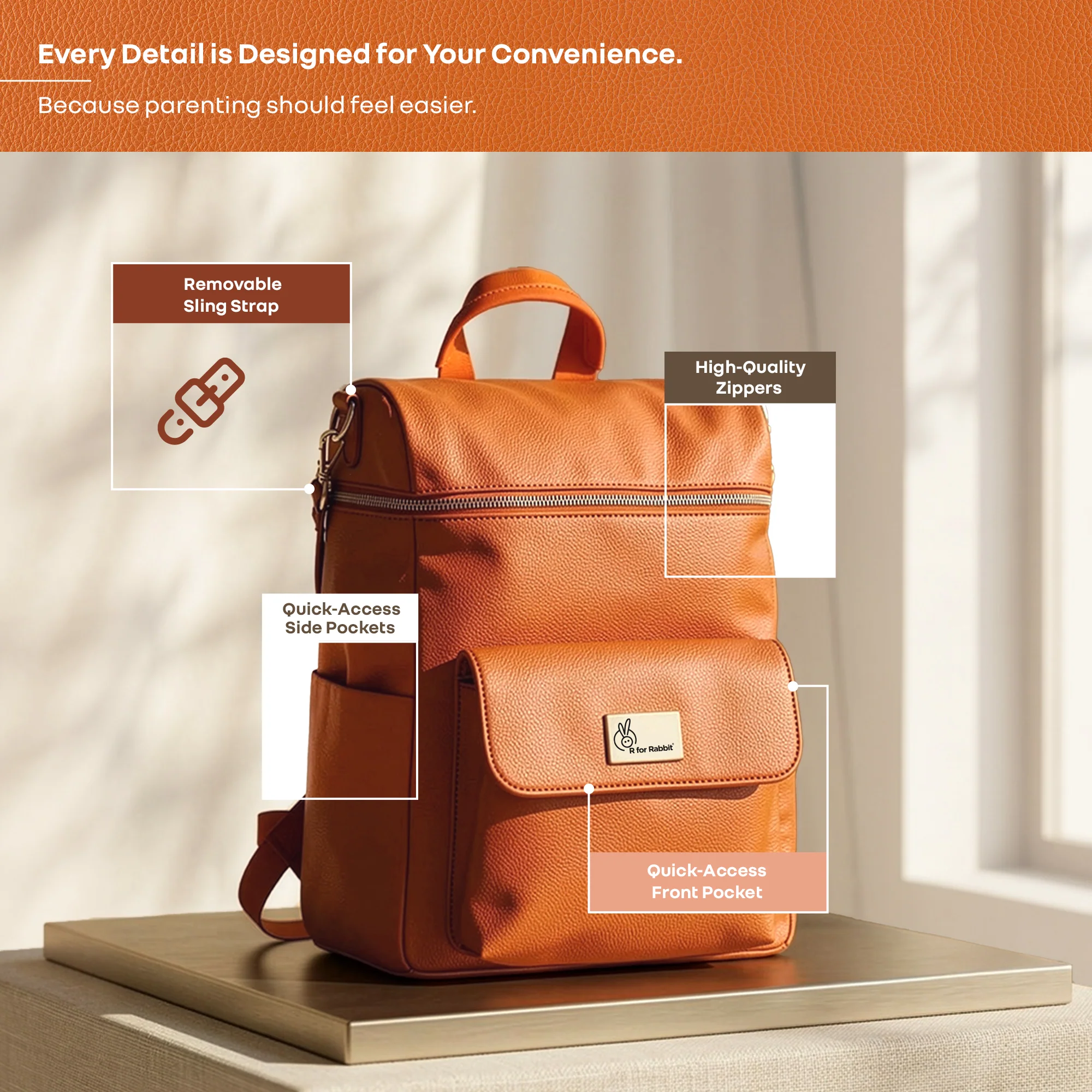 Caramello Bold Ivy Diaper Bag for Moms, Dual Carry Sling, Insulated Bottle Pockets With Premium Vegan Leather - Rust Orange - Image 9