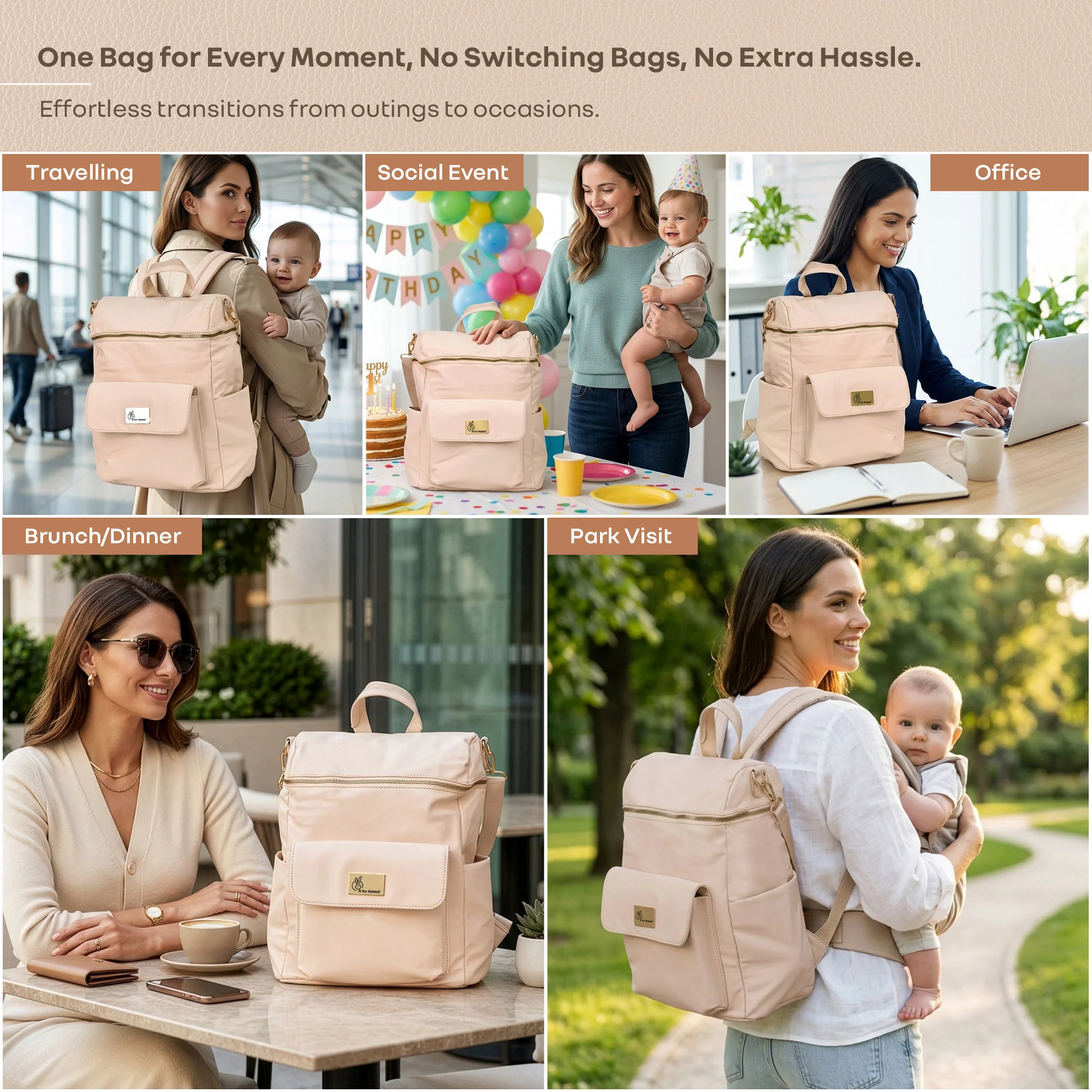 Caramello Bold Ivy Diaper Bag for Moms, Dual Carry Sling, Insulated Bottle Pockets With Premium Vegan Leather - Ivory Beige - Image 3
