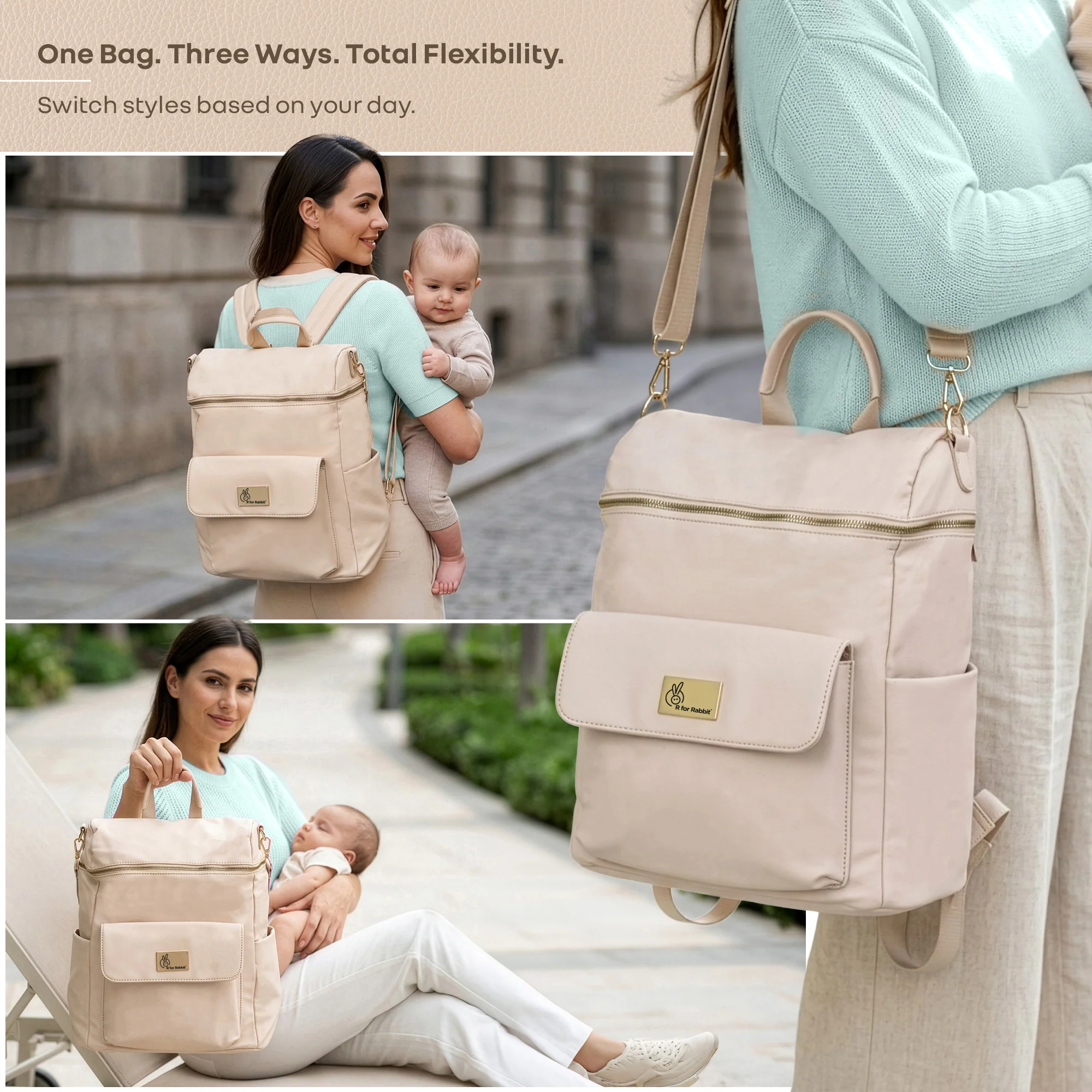 Caramello Bold Ivy Diaper Bag for Moms, Dual Carry Sling, Insulated Bottle Pockets With Premium Vegan Leather - Ivory Beige - Image 5