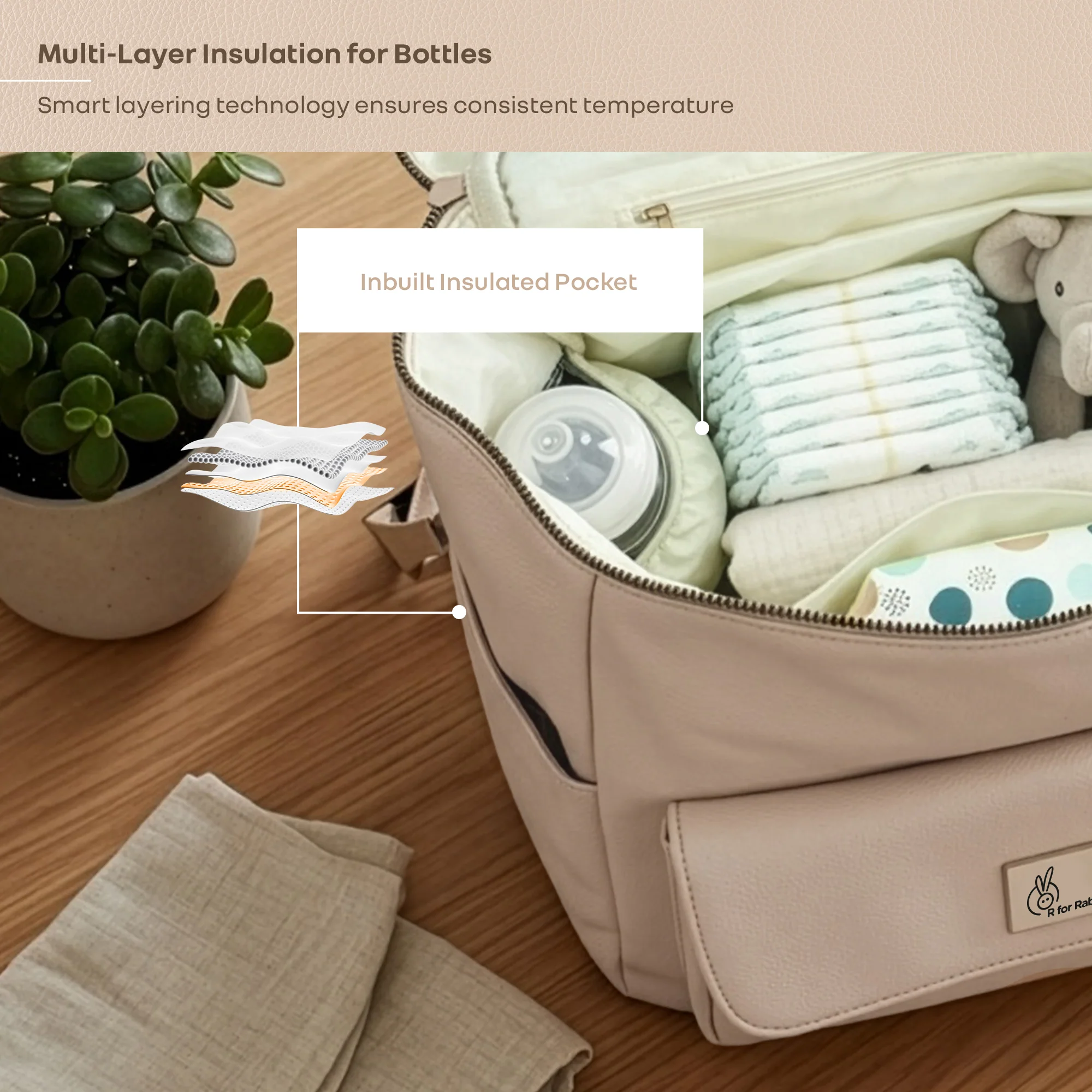 Caramello Bold Ivy Diaper Bag for Moms, Dual Carry Sling, Insulated Bottle Pockets With Premium Vegan Leather - Ivory Beige - Image 6