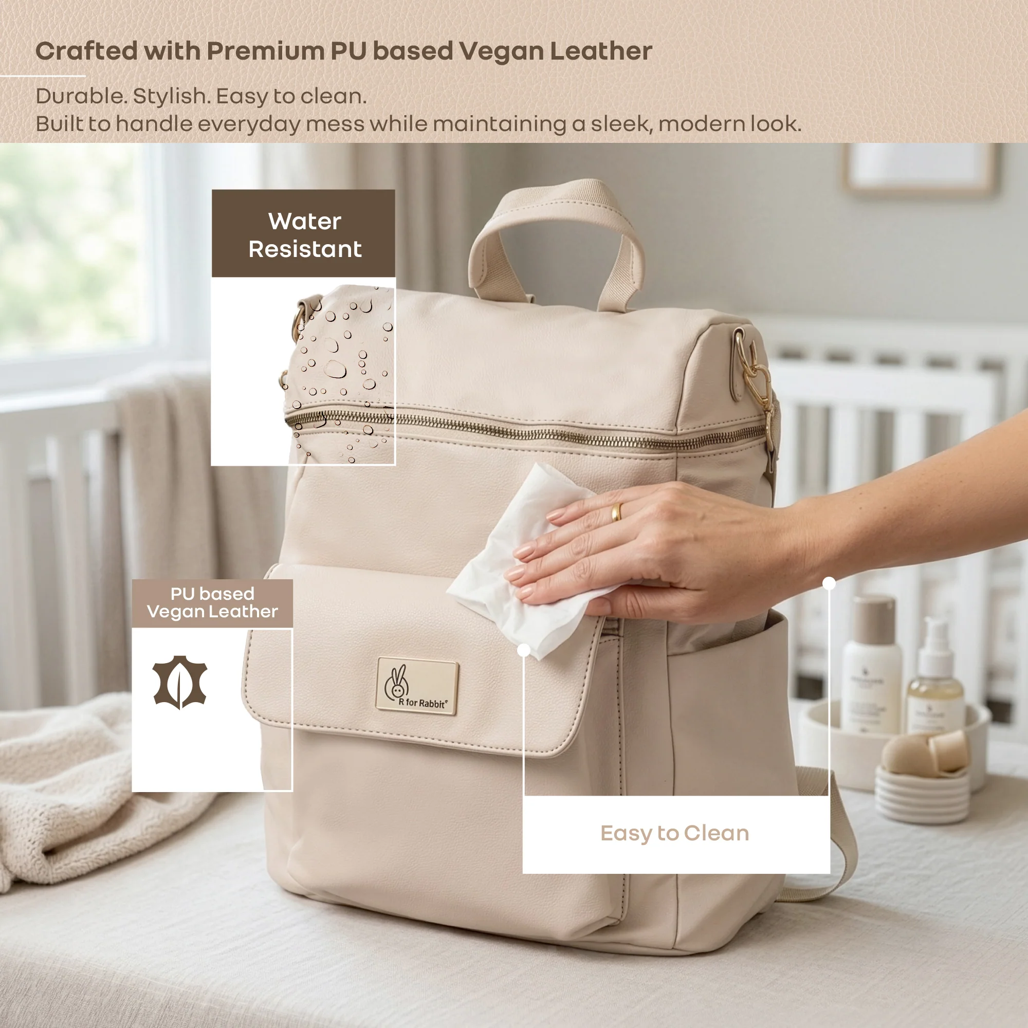 Caramello Bold Ivy Diaper Bag for Moms, Dual Carry Sling, Insulated Bottle Pockets With Premium Vegan Leather - Ivory Beige - Image 7