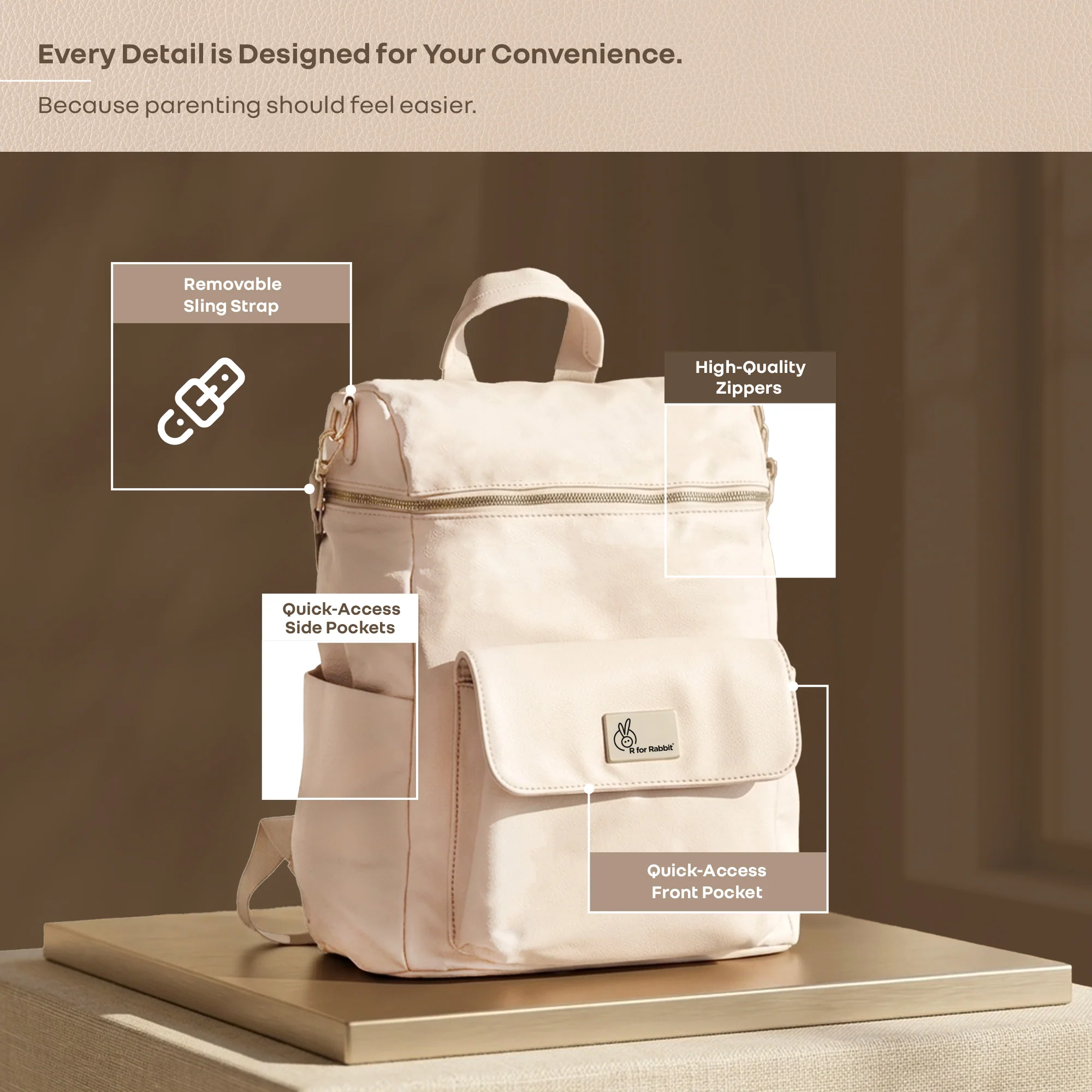 Caramello Bold Ivy Diaper Bag for Moms, Dual Carry Sling, Insulated Bottle Pockets With Premium Vegan Leather - Ivory Beige - Image 9