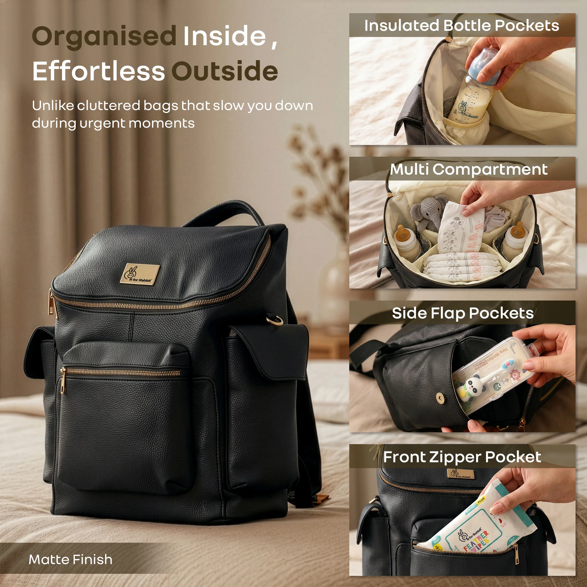 Caramello Bold Neo Diaper Bag, Matte Finish Vegan Leather, 39L Spacious Multi-Compartment Bag - Jade Black - Image 5