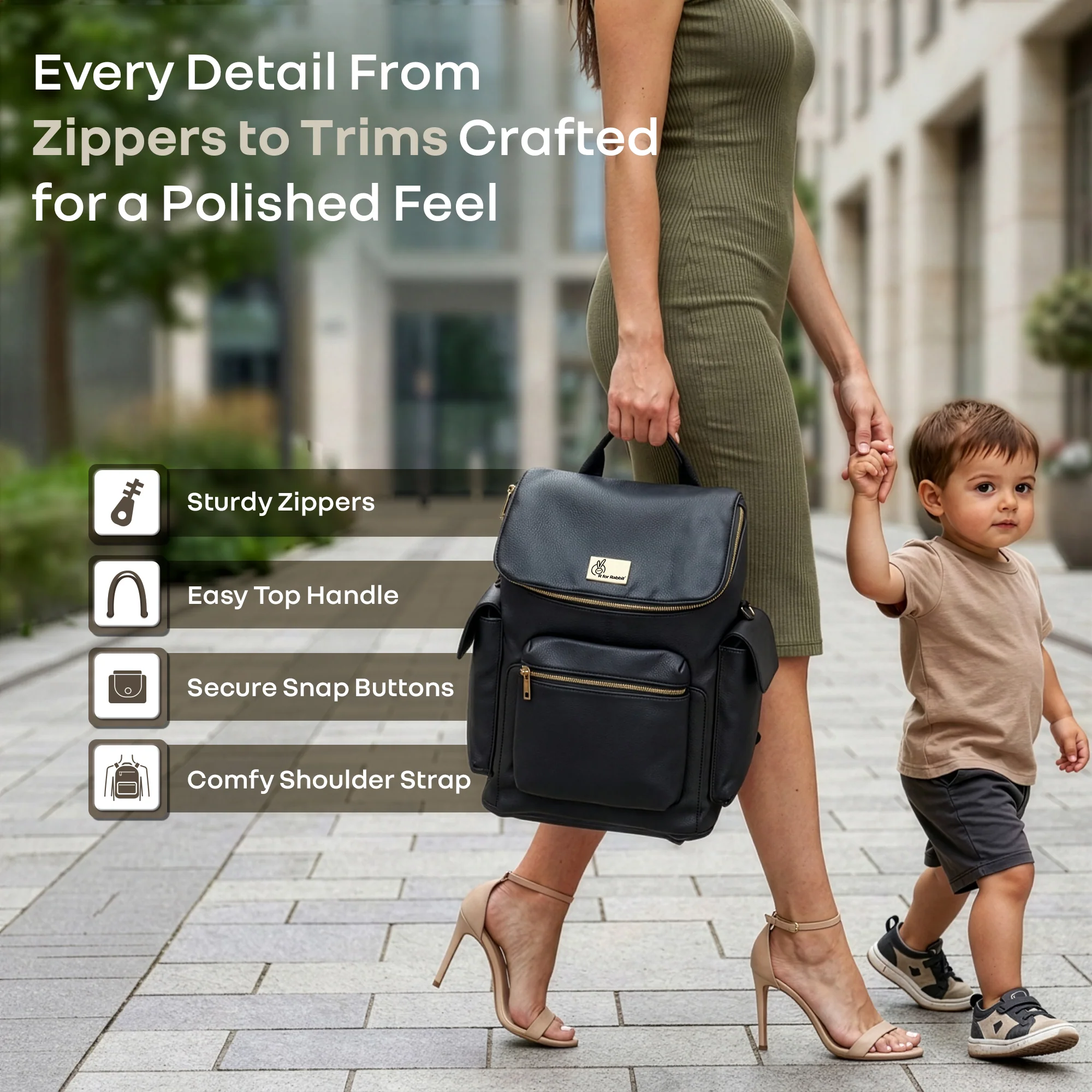Caramello Bold Neo Diaper Bag, Matte Finish Vegan Leather, 39L Spacious Multi-Compartment Bag - Jade Black - Image 6