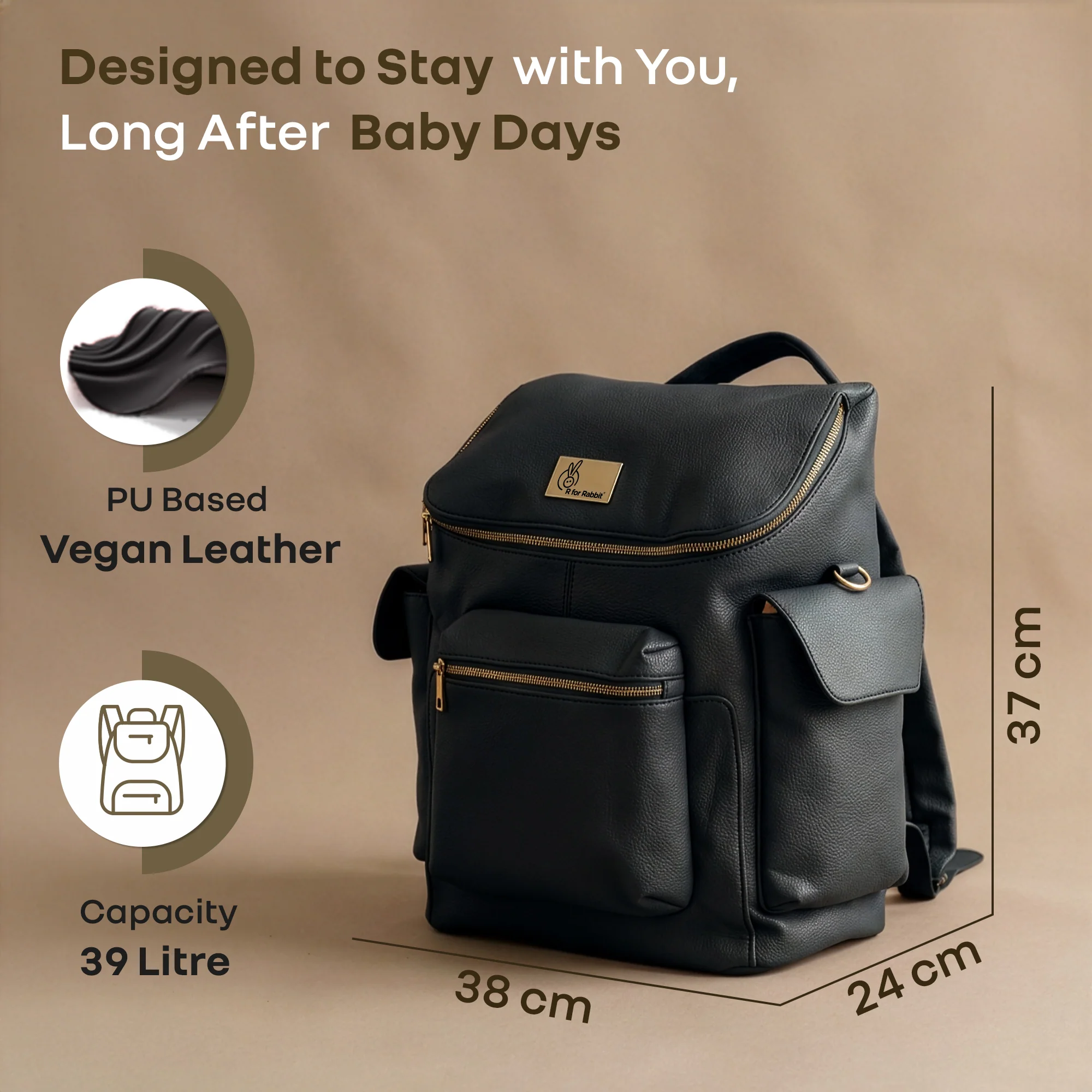 Caramello Bold Neo Diaper Bag, Matte Finish Vegan Leather, 39L Spacious Multi-Compartment Bag - Jade Black - Image 7