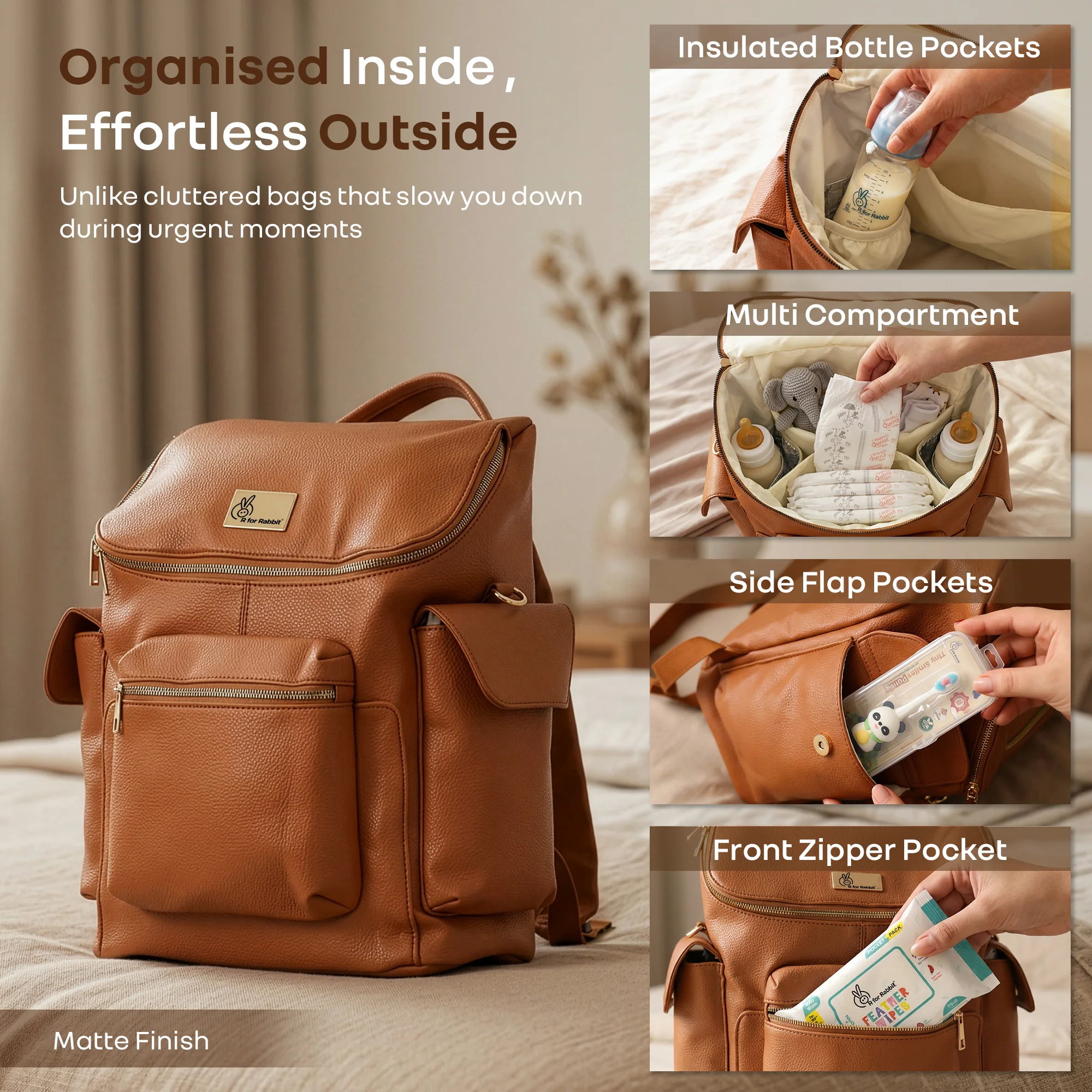 Caramello Bold Neo Diaper Bag, Matte Finish Vegan Leather, 39L Spacious Multi-Compartment Bag - Tan Brown - Image 5