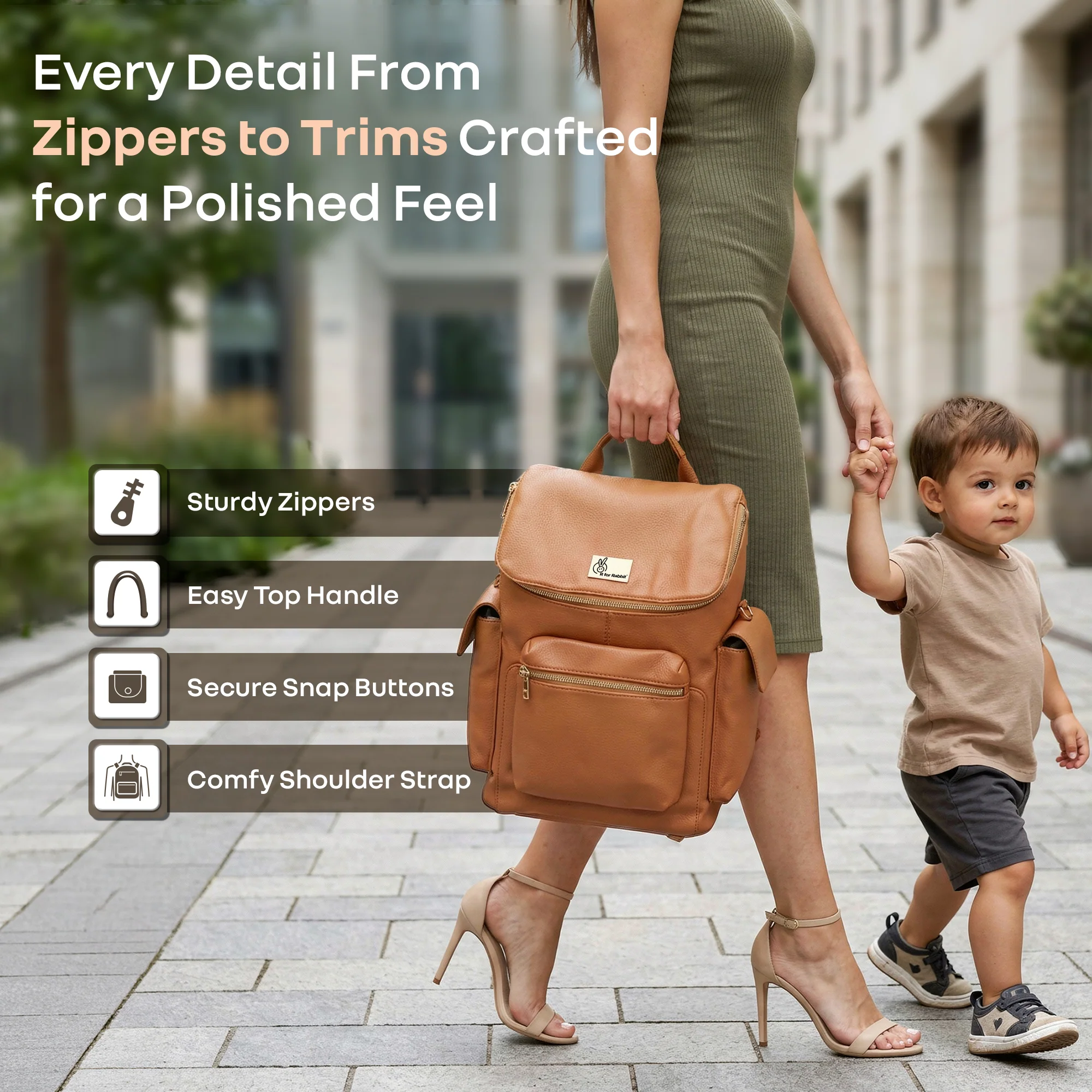 Caramello Bold Neo Diaper Bag, Matte Finish Vegan Leather, 39L Spacious Multi-Compartment Bag - Tan Brown - Image 6