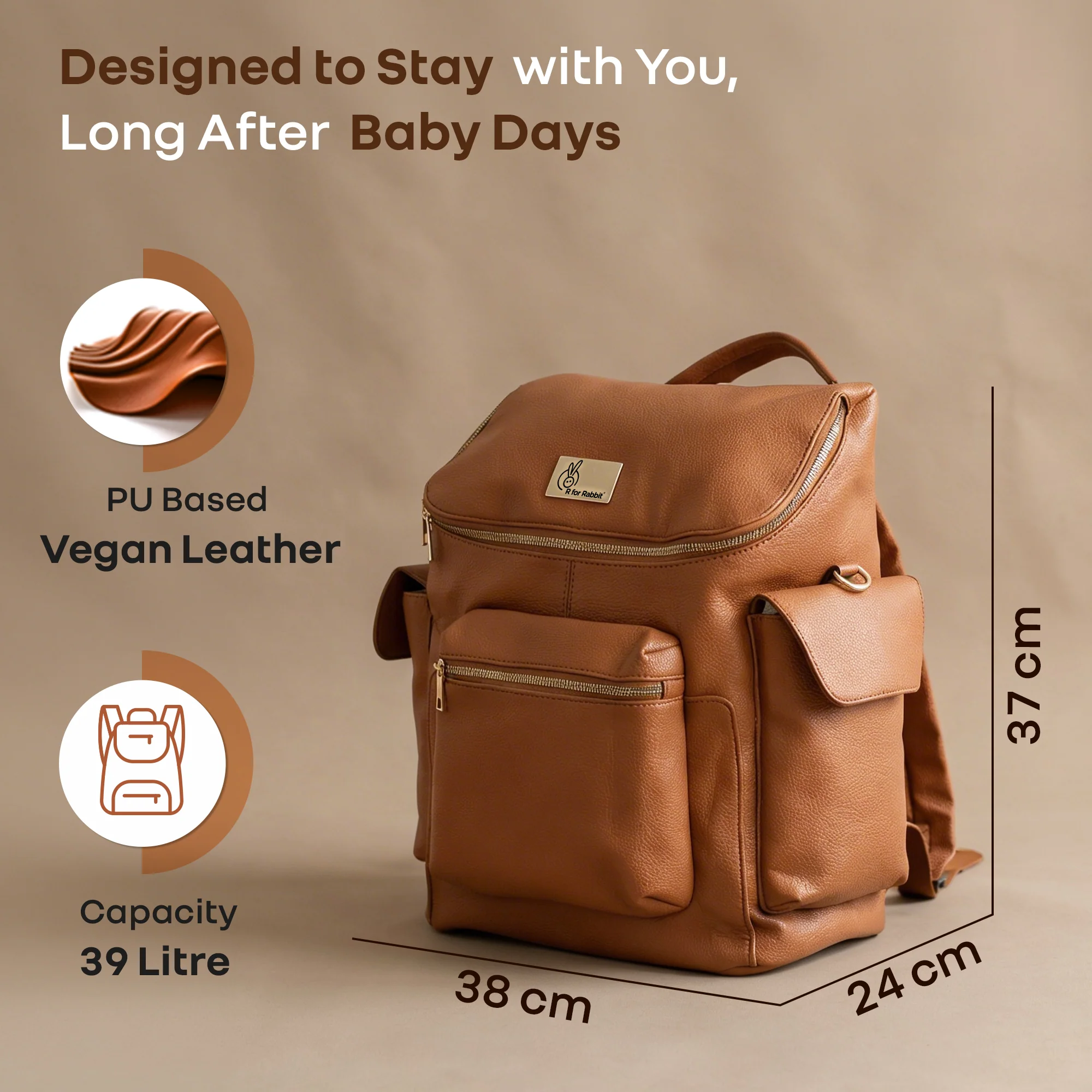Caramello Bold Neo Diaper Bag, Matte Finish Vegan Leather, 39L Spacious Multi-Compartment Bag - Tan Brown - Image 7