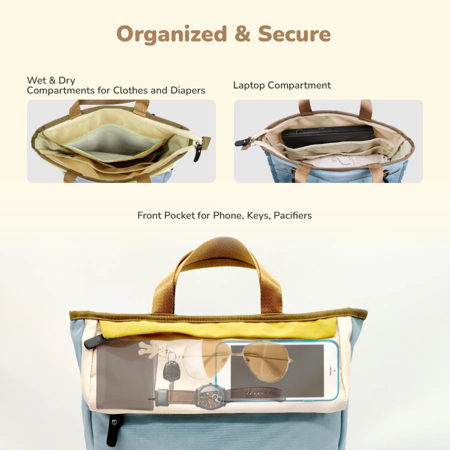 Caramello Daisy 2-in-1 Multipurpose Diaper Bag for Parents - Blue Cream - Image 4