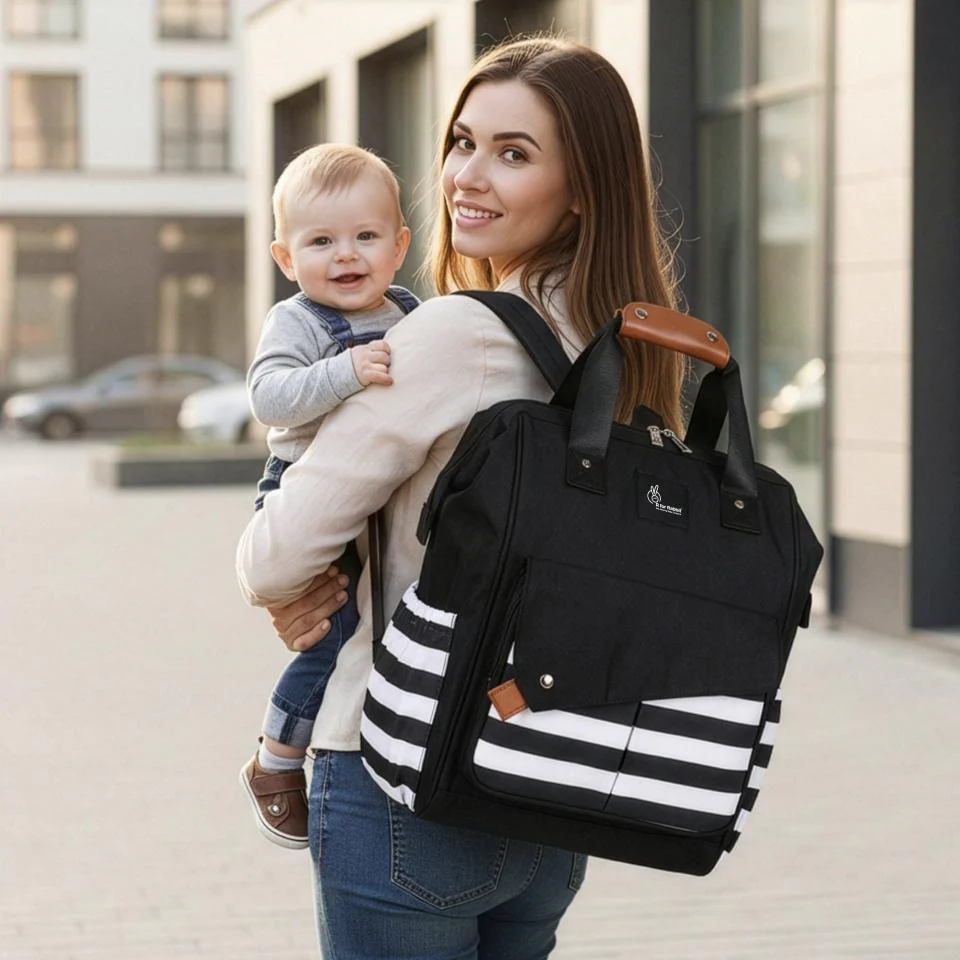Caramello Delight Smart Diaper Backpack Bag With Personalized Name Tag - Black Stripes